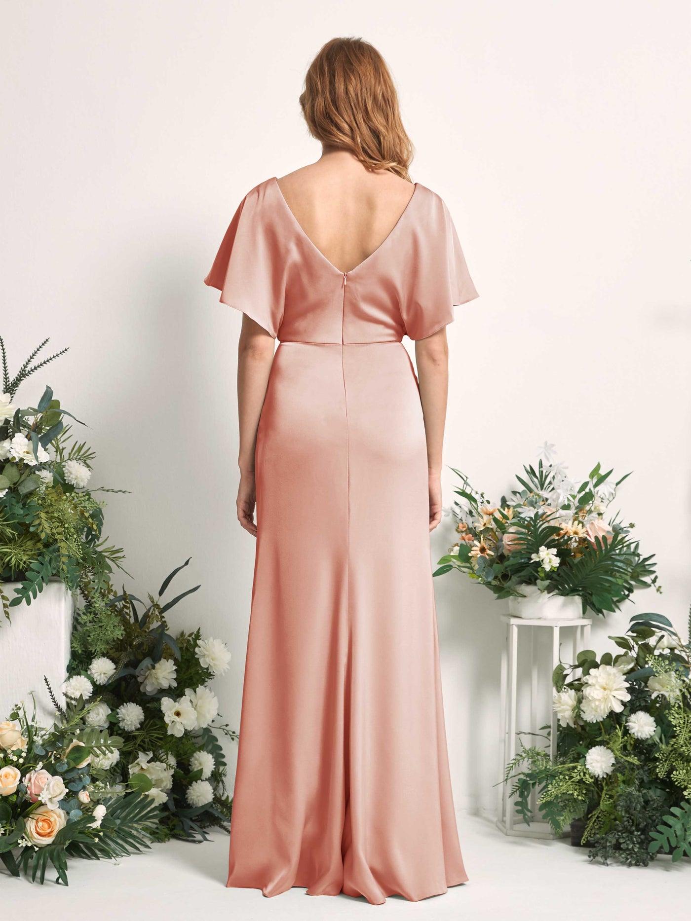 Carlyna Vestido línea A escote en V manga con vuelo hasta el suelo dama de honor Cantalupo #color_cantalupo