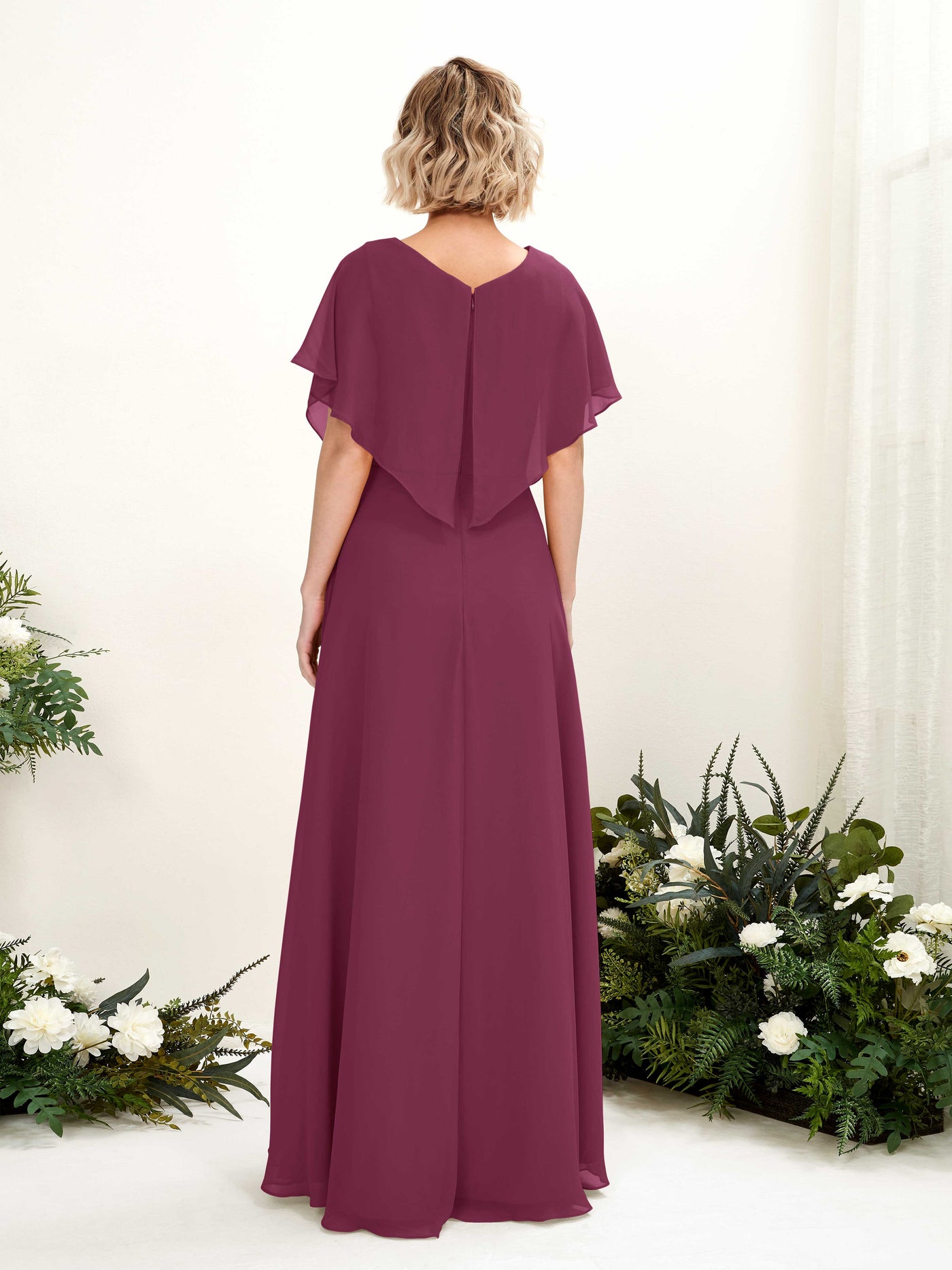 Carlyna Vestido Línea A Escote en V Manga con vuelo Hasta el suelo Dama de honor Chianti #color_chianti