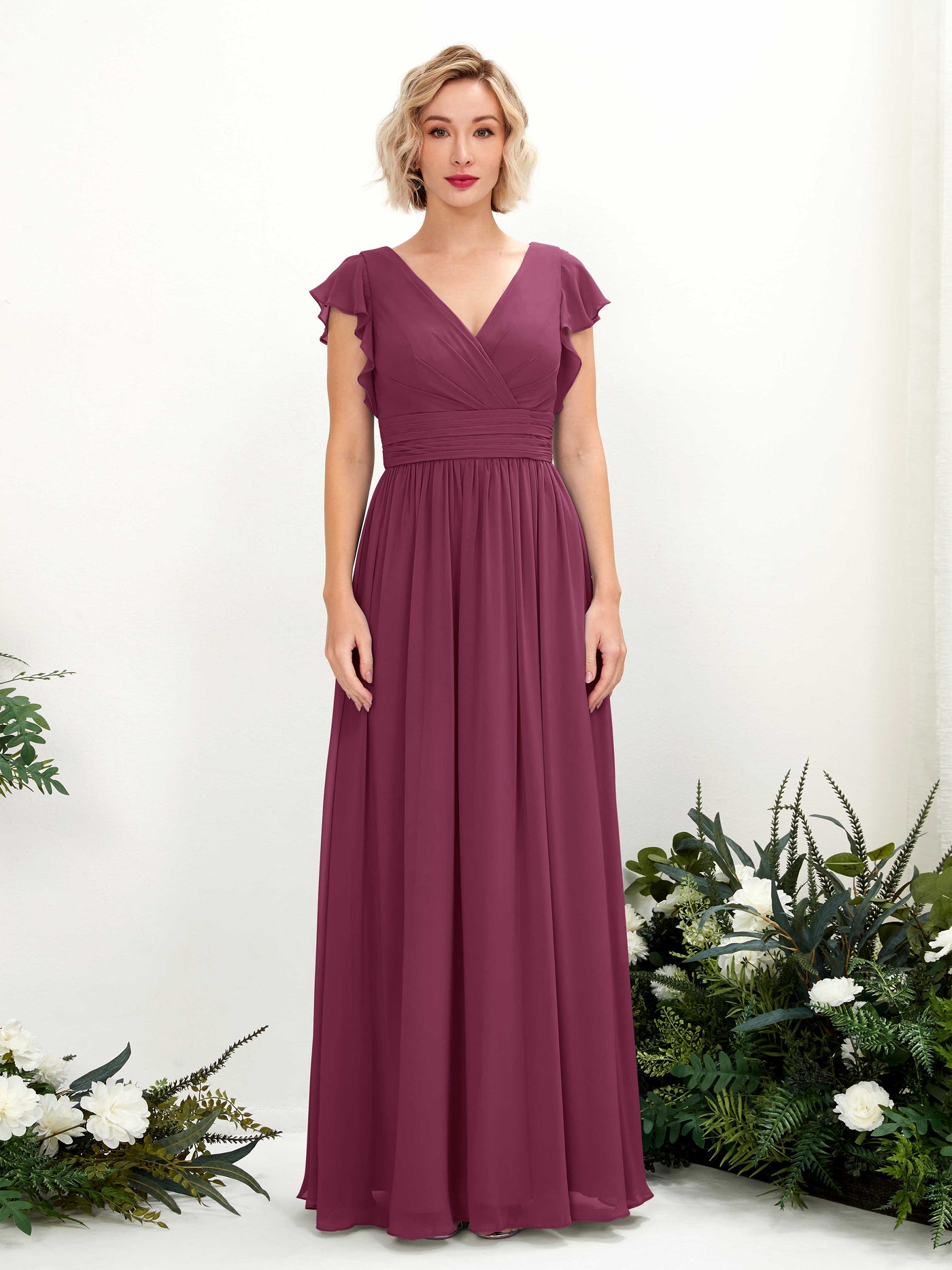 Carlyna Vestido Línea A Escote en V Manga con vuelo Hasta el suelo Dama de honor Chianti #color_chianti