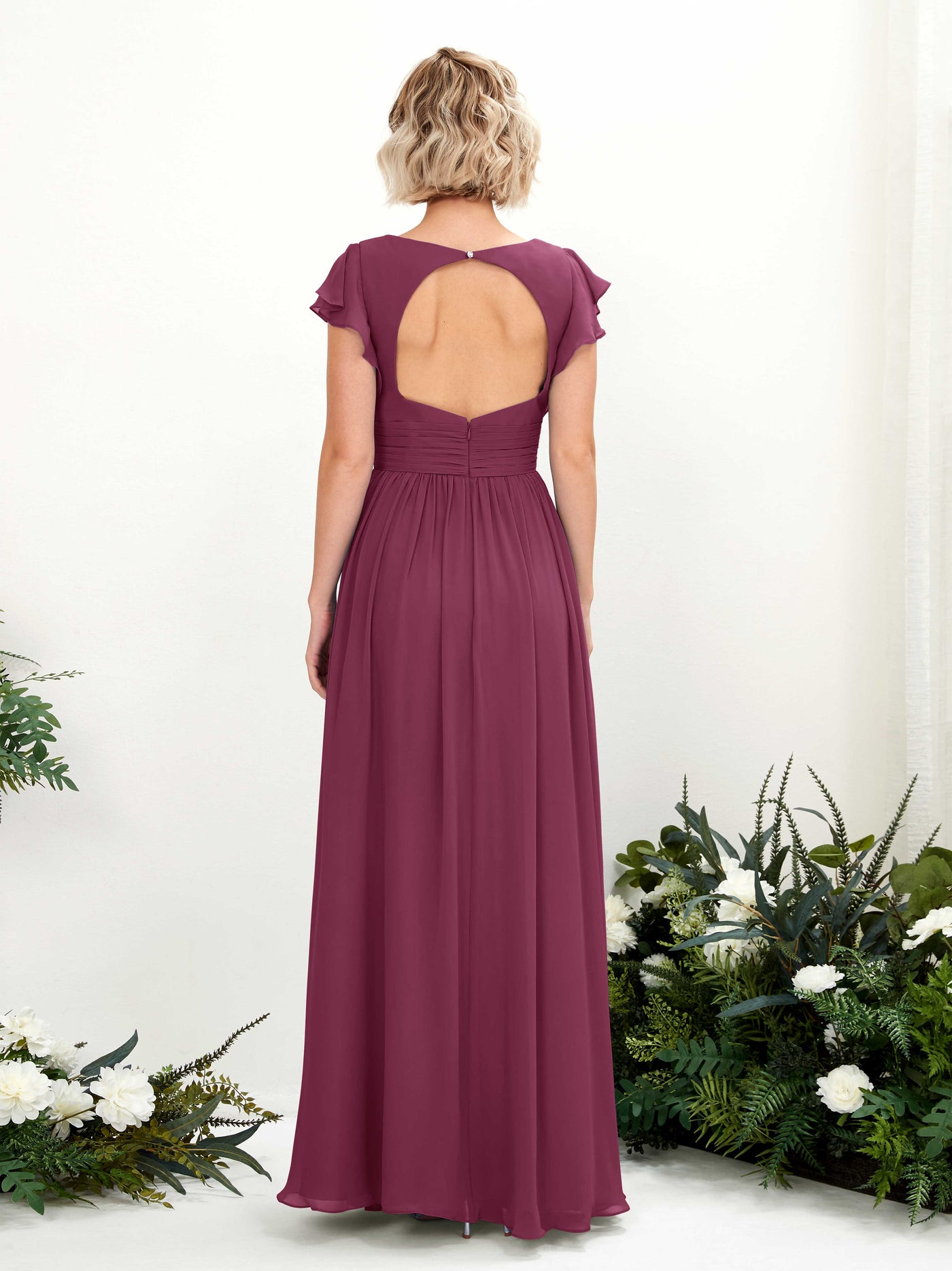 Carlyna Vestido Línea A Escote en V Manga con vuelo Hasta el suelo Dama de honor Chianti #color_chianti