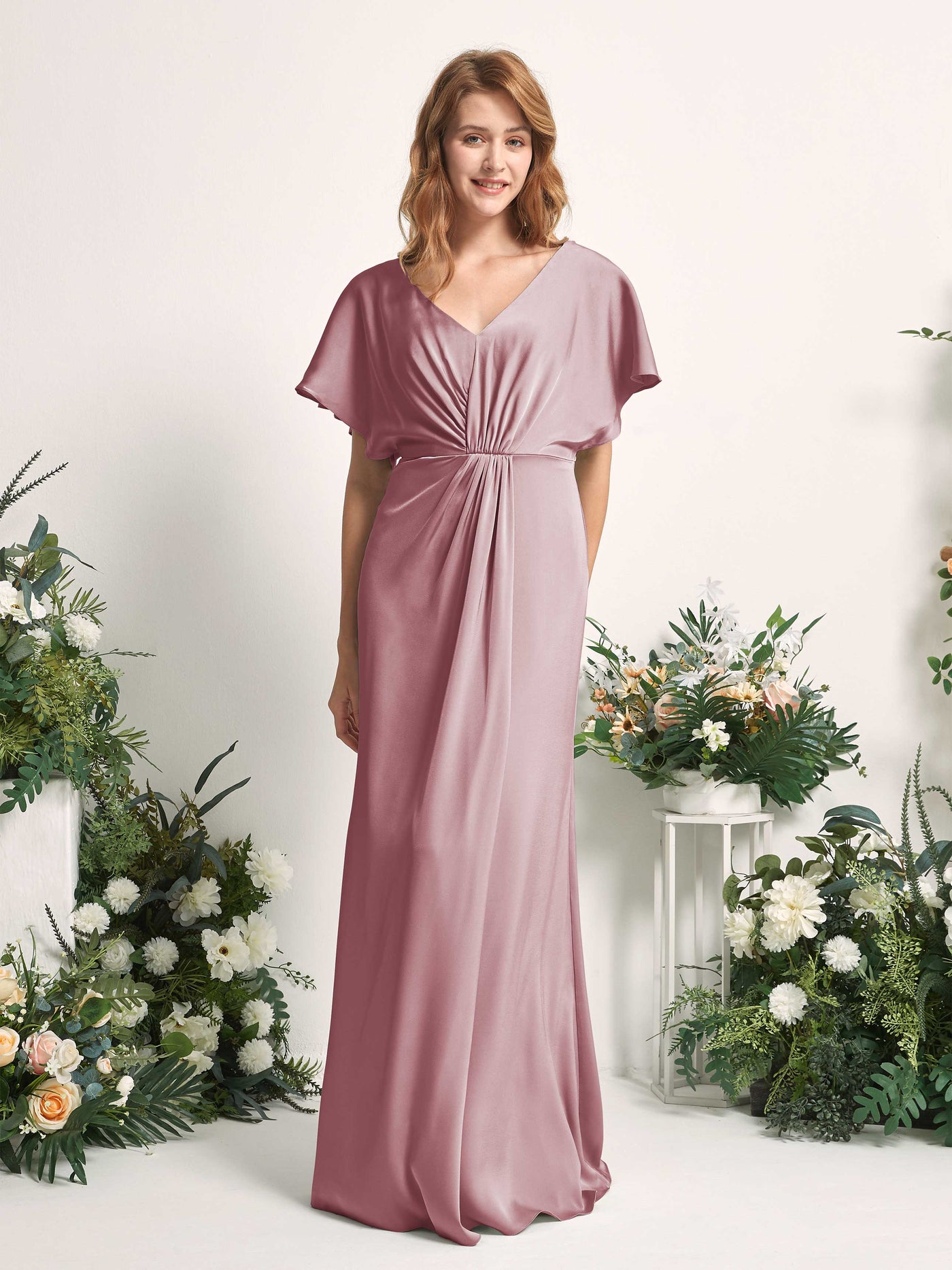 Carlyna Vestido línea A escote en V manga con vuelo hasta el suelo dama de honor Cuarzo Rosa #color_cuarzo-rosa