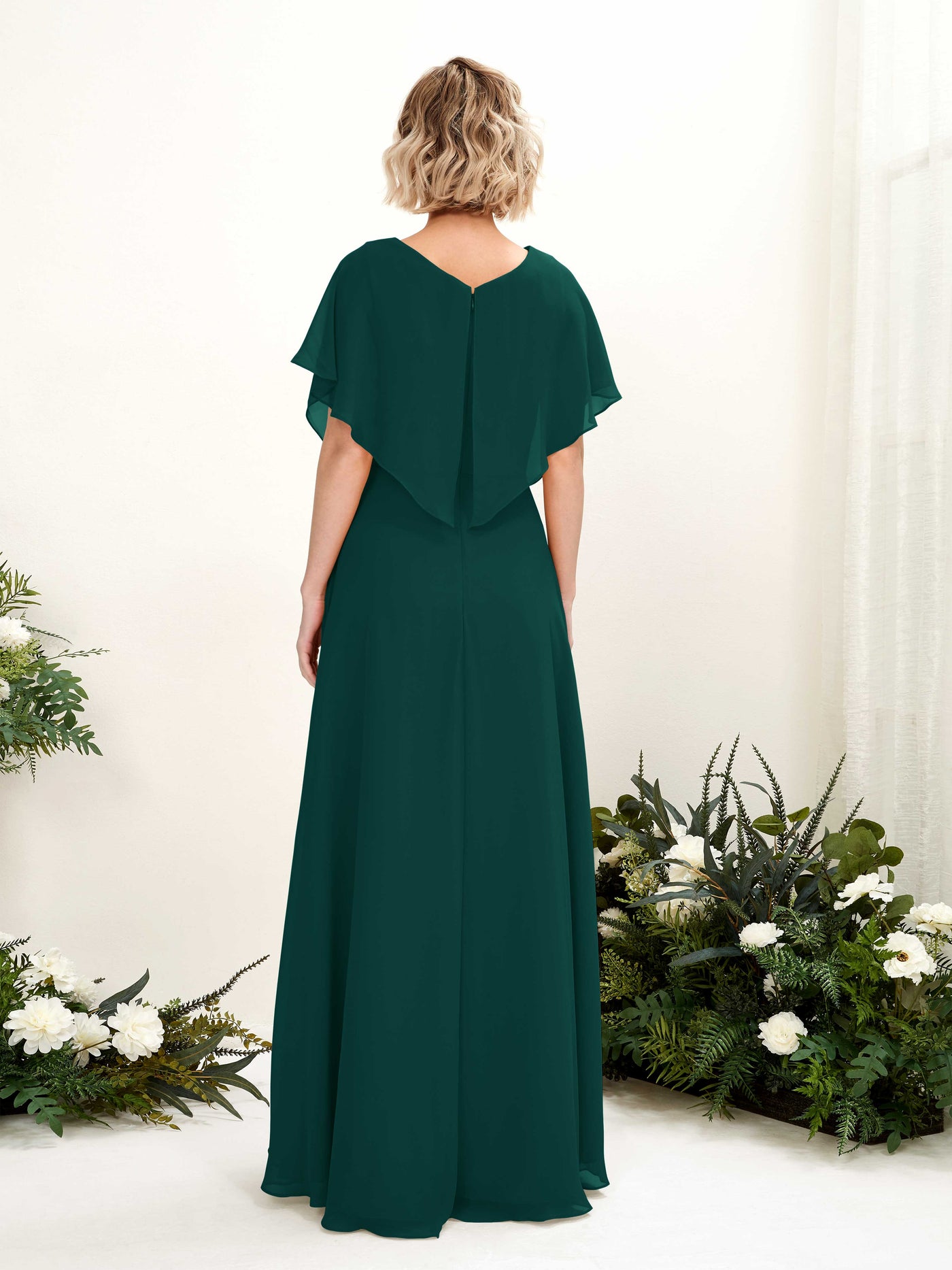 Carlyna Vestido Línea A Escote en V Manga con vuelo Hasta el suelo Dama de honor Esmeralda Oscuro #color_esmeralda-oscuro