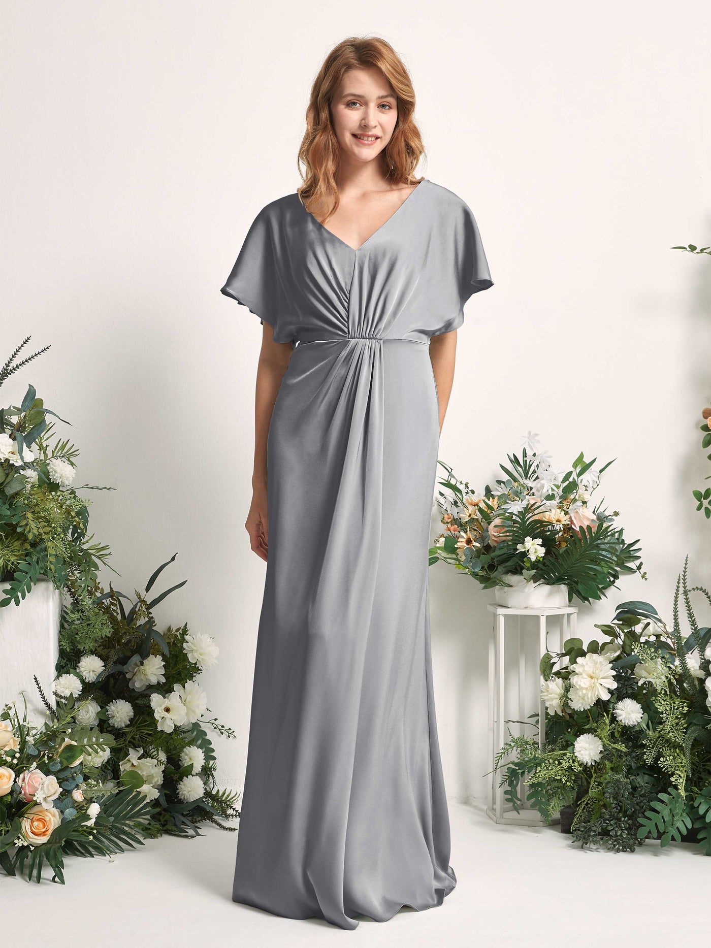 Carlyna Vestido línea A escote en V manga con vuelo hasta el suelo dama de honor Gris Acero #color_gris-acero