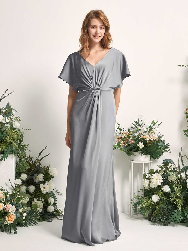 Carlyna Vestido línea A escote en V manga con vuelo hasta el suelo dama de honor Gris Acero 