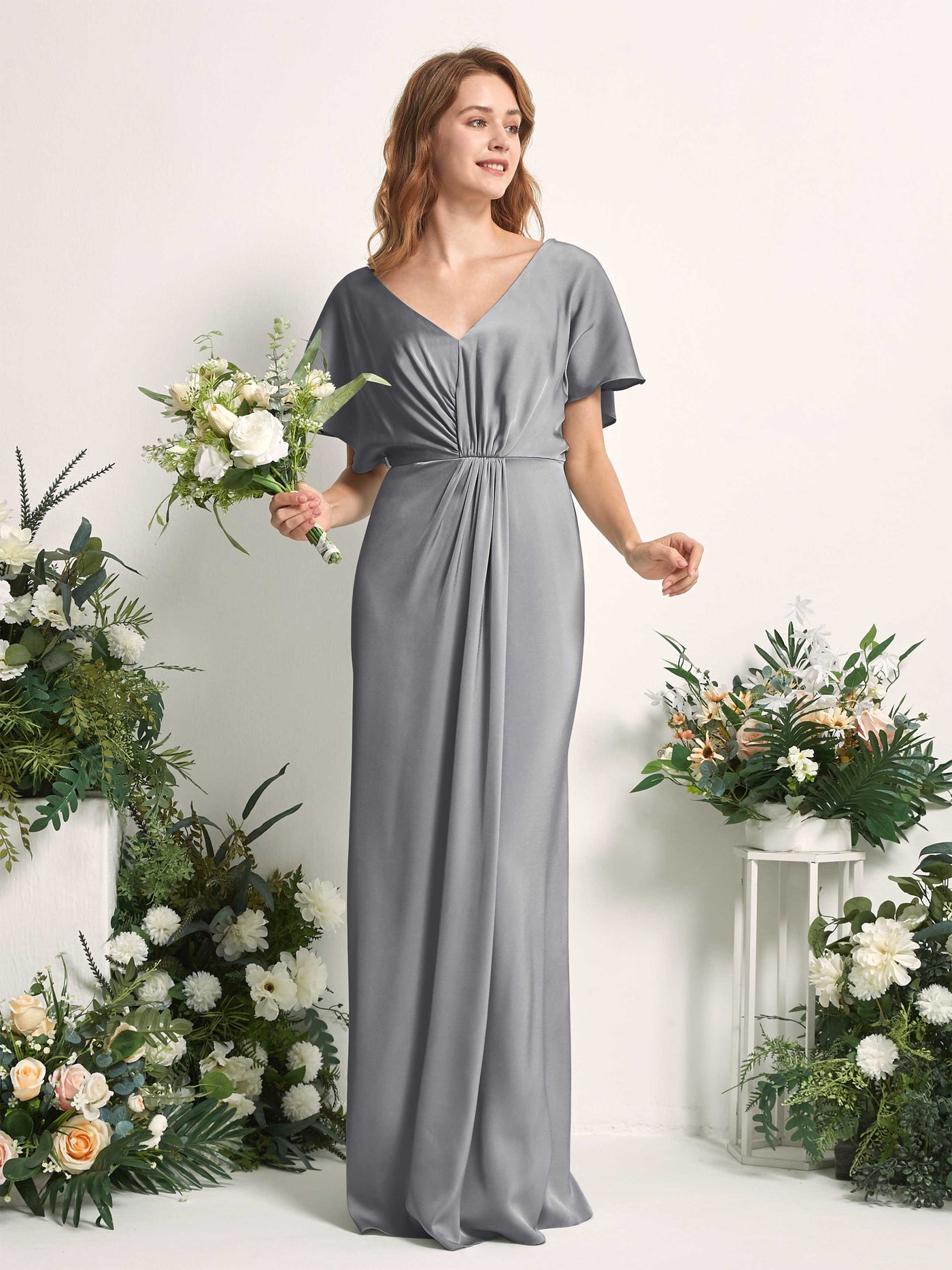 Carlyna Vestido línea A escote en V manga con vuelo hasta el suelo dama de honor Gris Acero #color_gris-acero
