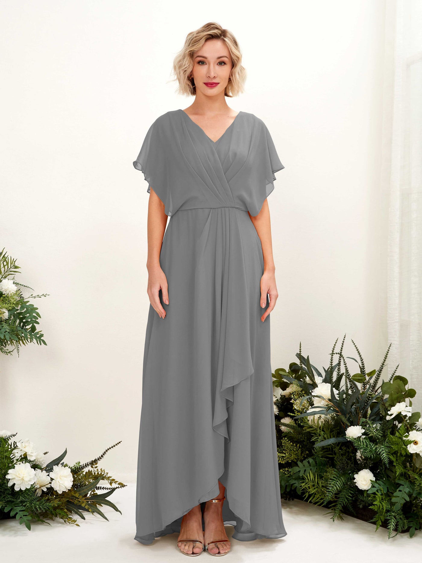 Carlyna Vestido Línea A Escote en V Manga con vuelo Hasta el suelo Dama de honor Gris Acero #color_gris-acero