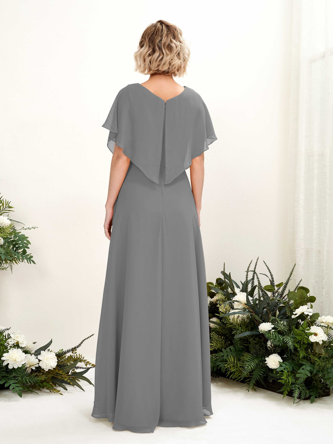 Carlyna Vestido Línea A Escote en V Manga con vuelo Hasta el suelo Dama de honor Gris Acero #color_gris-acero