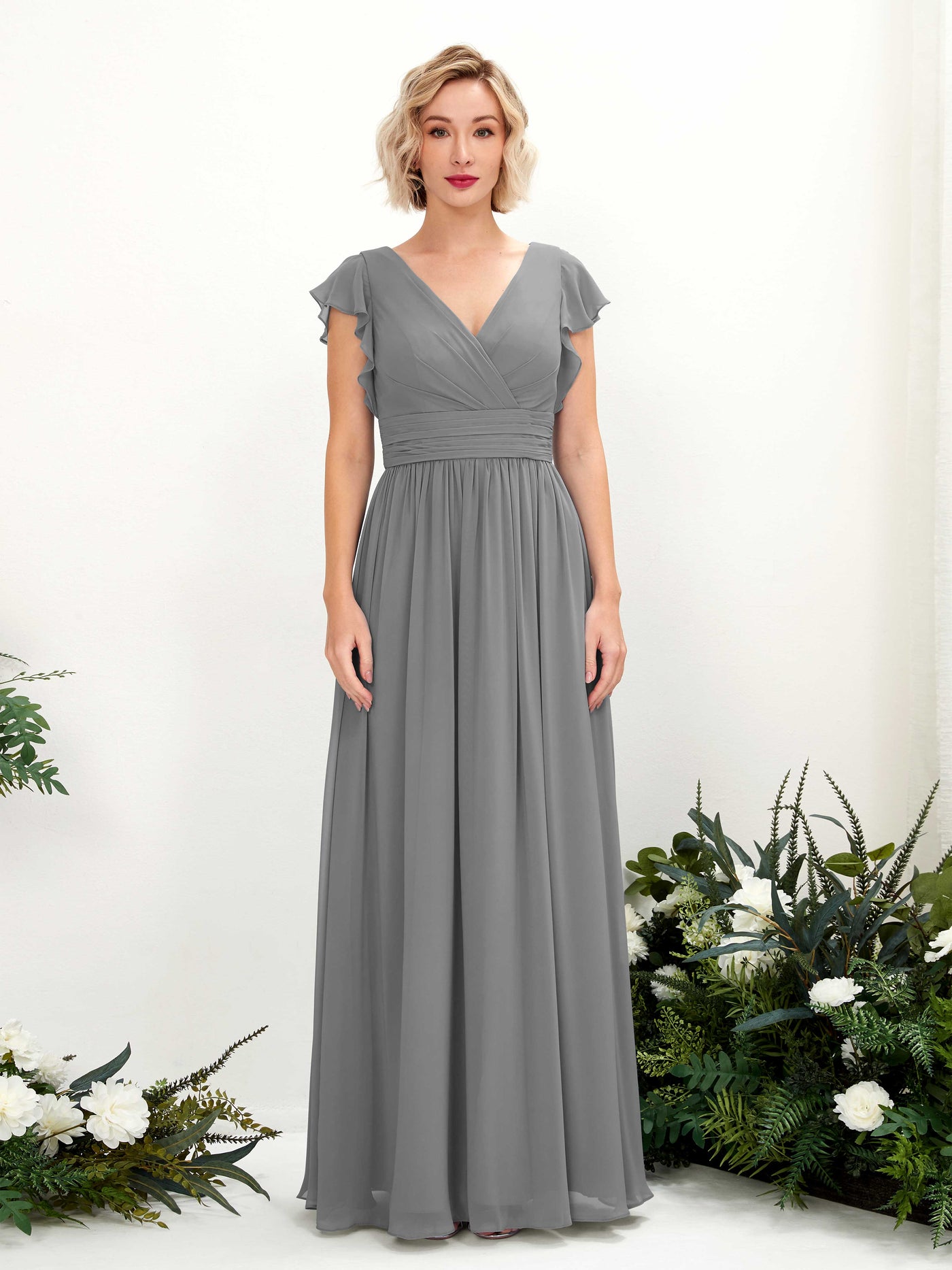 Carlyna Vestido Línea A Escote en V Manga con vuelo Hasta el suelo Dama de honor Gris Acero #color_gris-acero