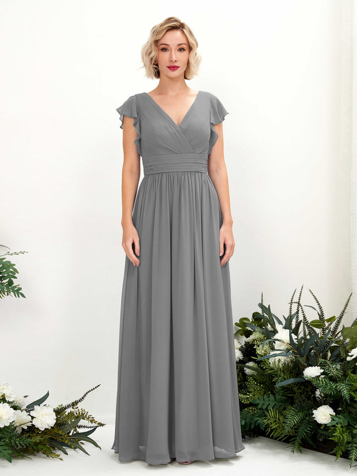 Carlyna Vestido Línea A Escote en V Manga con vuelo Hasta el suelo Dama de honor Gris Acero 