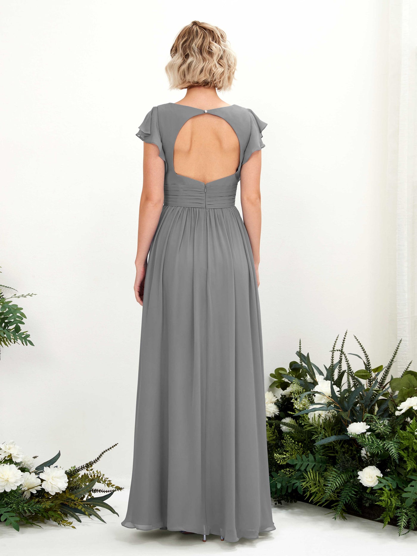 Carlyna Vestido Línea A Escote en V Manga con vuelo Hasta el suelo Dama de honor Gris Acero #color_gris-acero