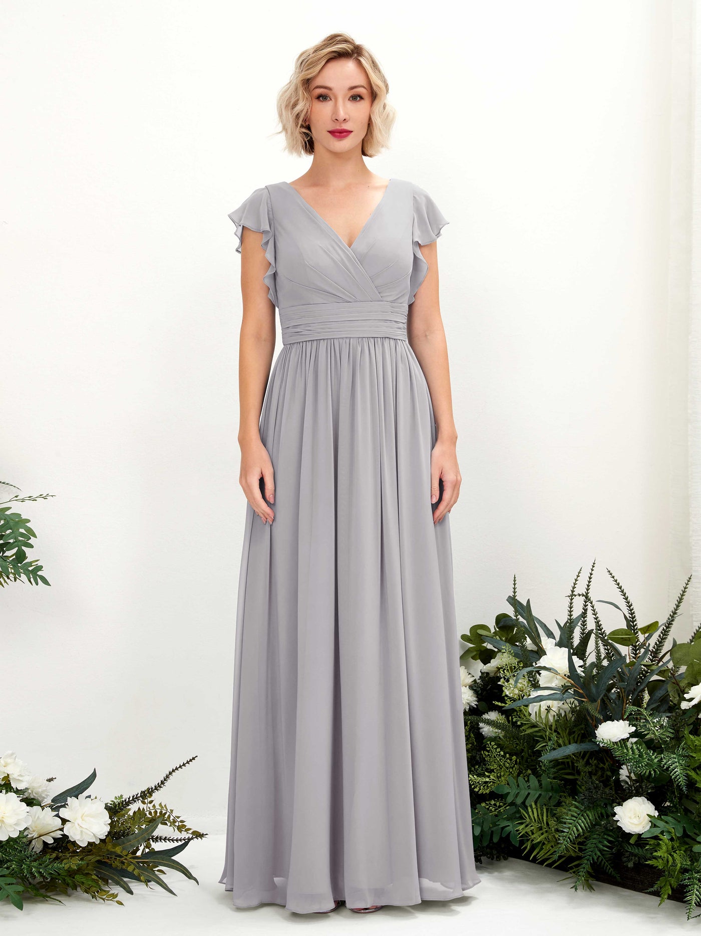 Carlyna Vestido Línea A Escote en V Manga con vuelo Hasta el suelo Dama de honor Gris Paloma #color_gris-paloma