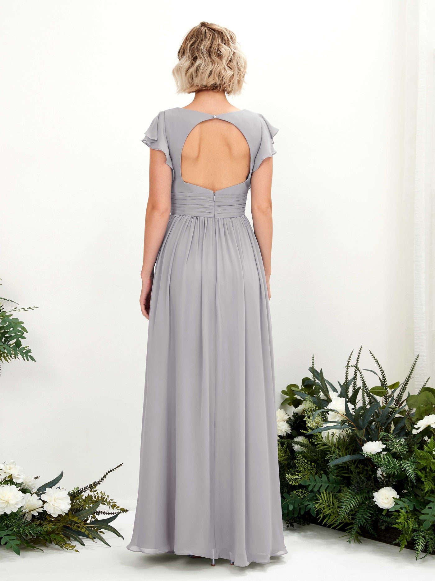 Carlyna Vestido Línea A Escote en V Manga con vuelo Hasta el suelo Dama de honor Gris Paloma #color_gris-paloma