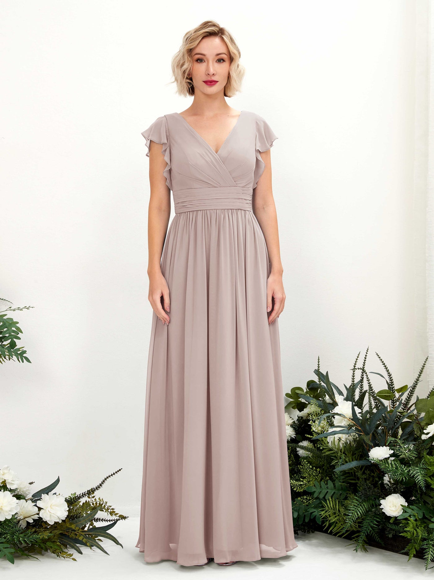 Carlyna Vestido Línea A Escote en V Manga con vuelo Hasta el suelo Dama de honor Gris Pardo #color_gris-pardo