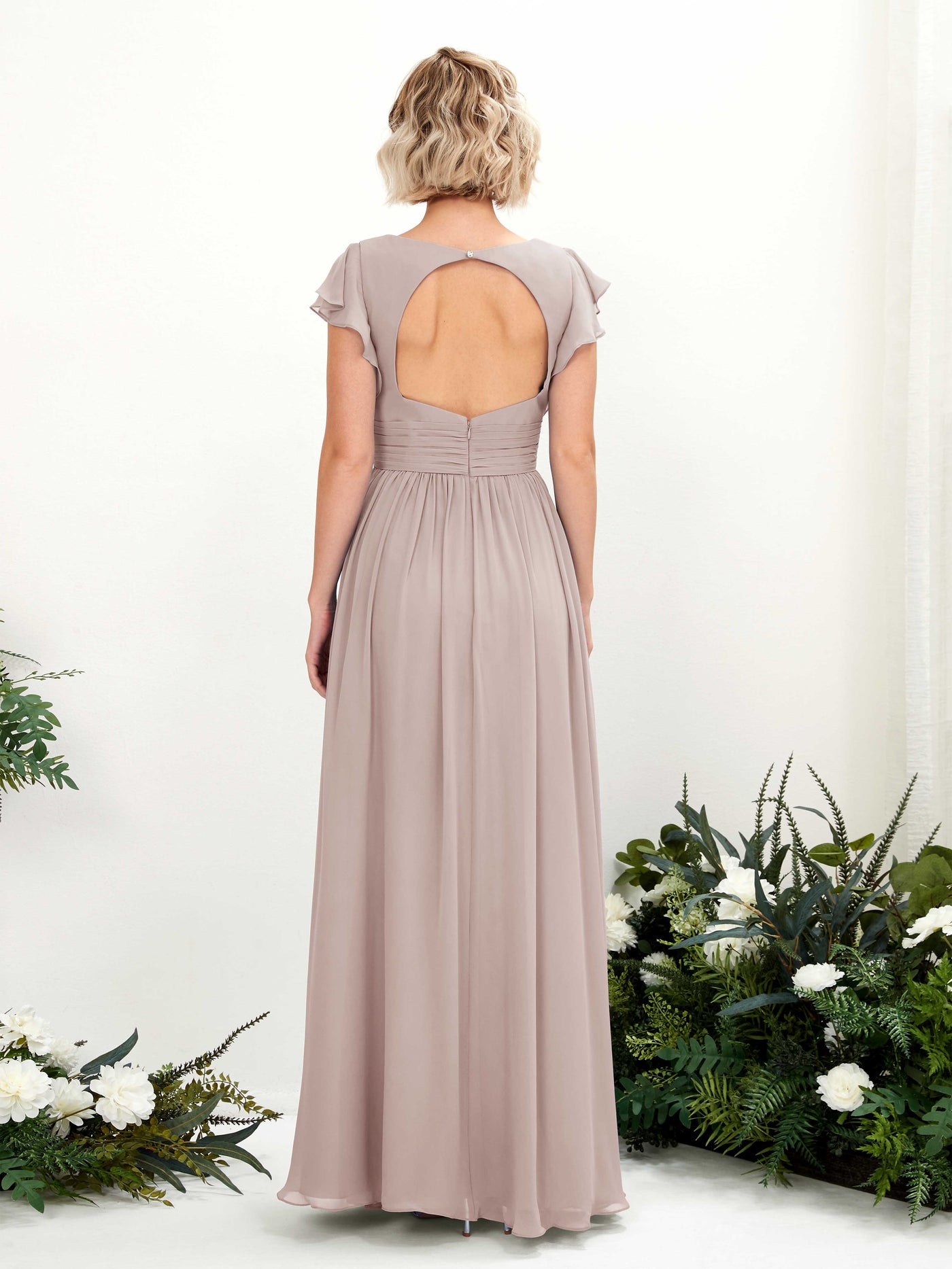 Carlyna Vestido Línea A Escote en V Manga con vuelo Hasta el suelo Dama de honor Gris Pardo #color_gris-pardo