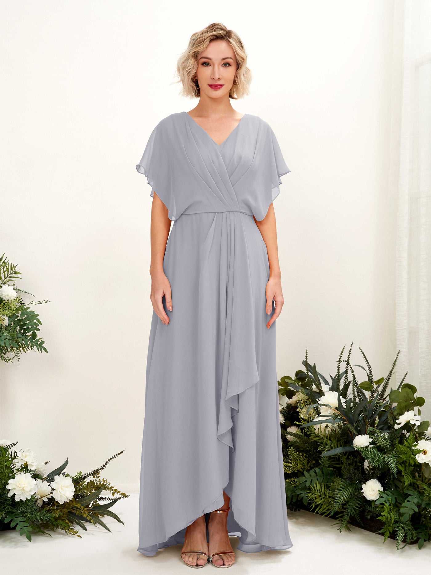 Carlyna Vestido Línea A Escote en V Manga con vuelo Hasta el suelo Dama de honor Lavanda Viejo #color_lavanda-viejo