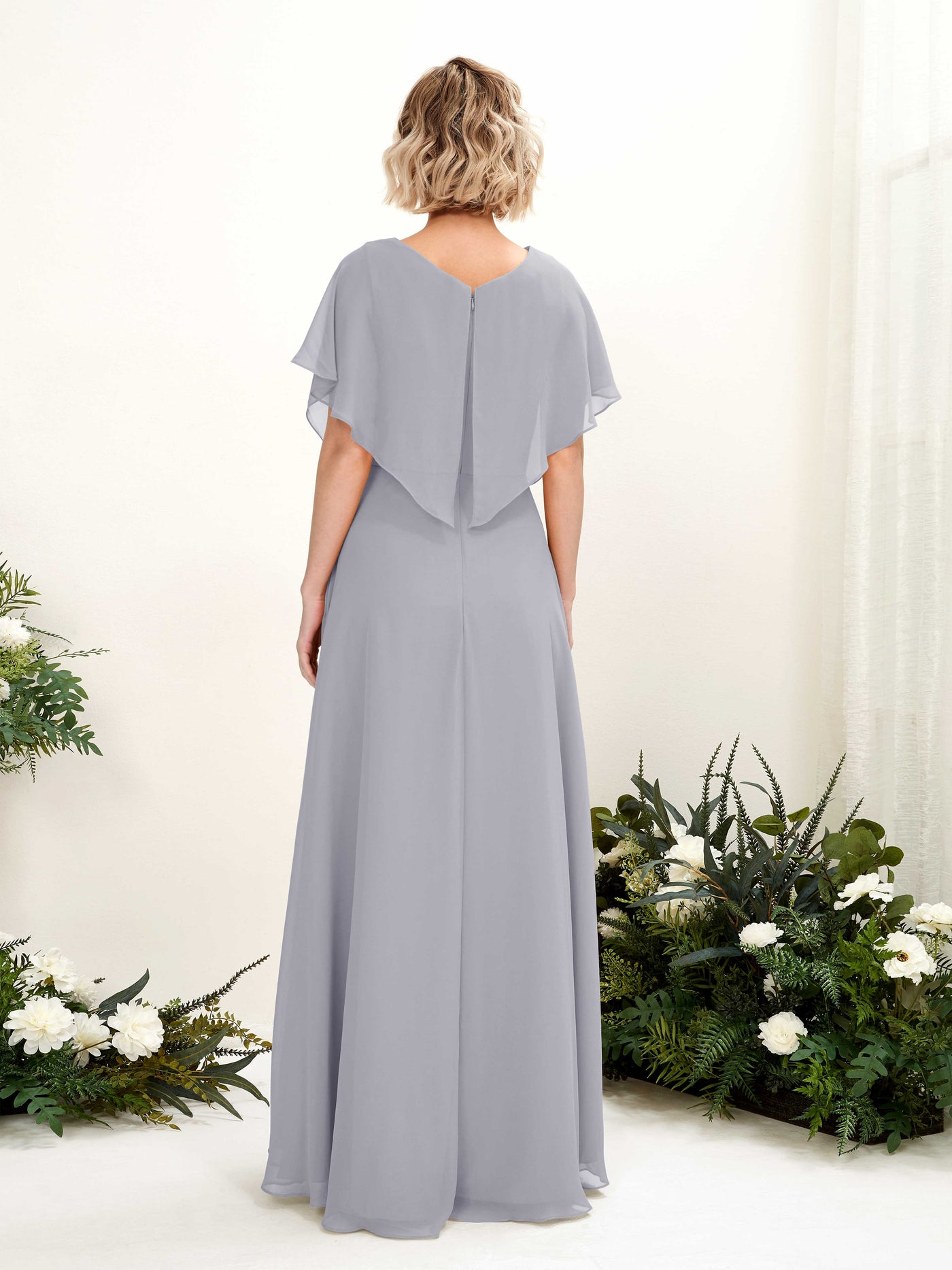 Carlyna Vestido Línea A Escote en V Manga con vuelo Hasta el suelo Dama de honor Lavanda Viejo #color_lavanda-viejo