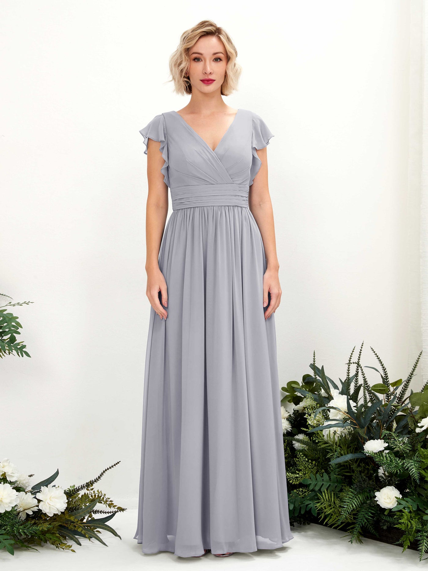 Carlyna Vestido Línea A Escote en V Manga con vuelo Hasta el suelo Dama de honor Lavanda Viejo #color_lavanda-viejo