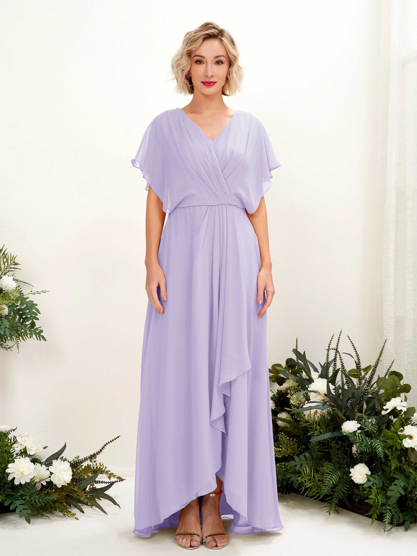 Carlyna Vestido Línea A Escote en V Manga con vuelo Hasta el suelo Dama de honor Lila #color_lila