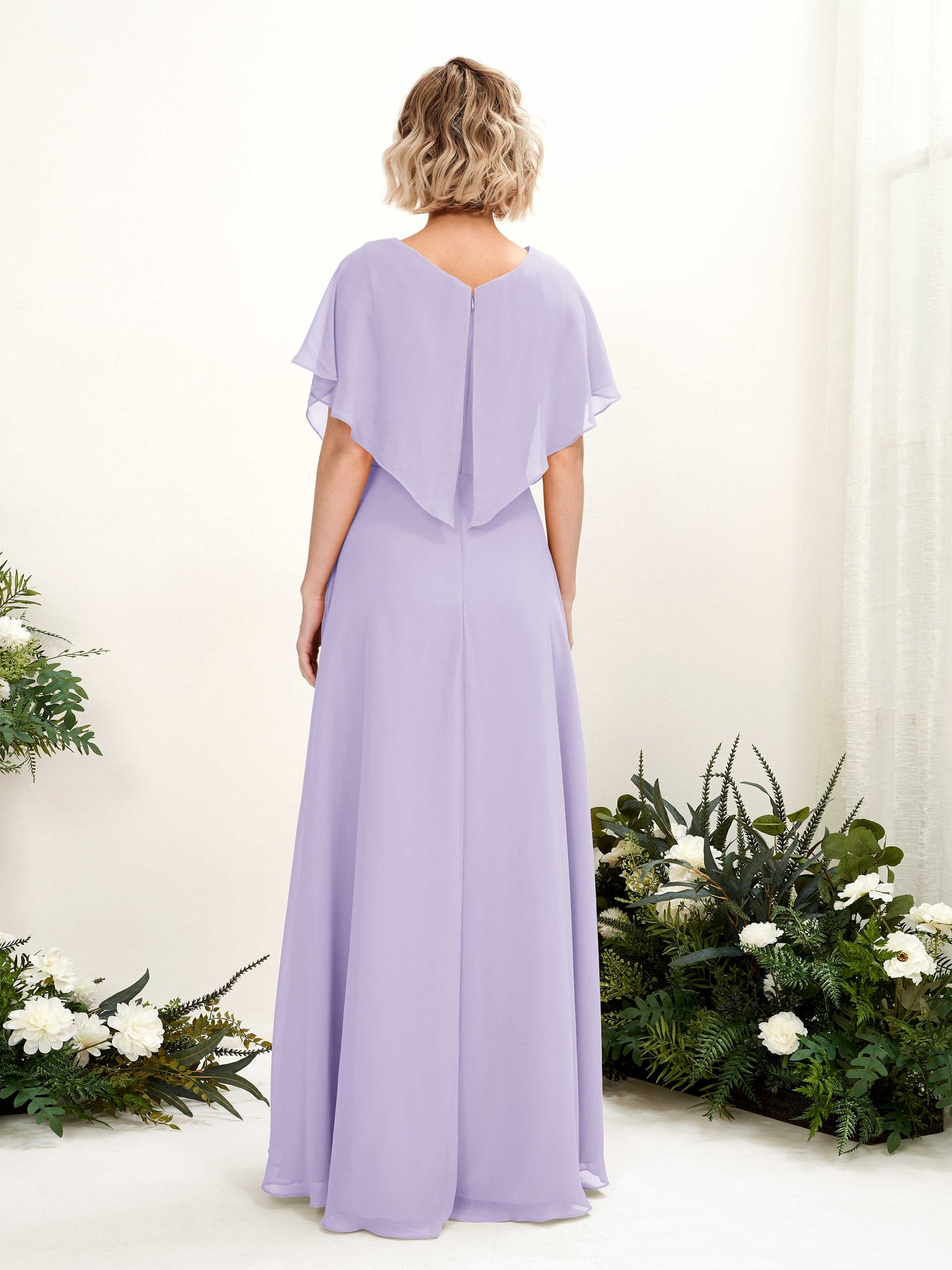 Carlyna Vestido Línea A Escote en V Manga con vuelo Hasta el suelo Dama de honor Lila #color_lila