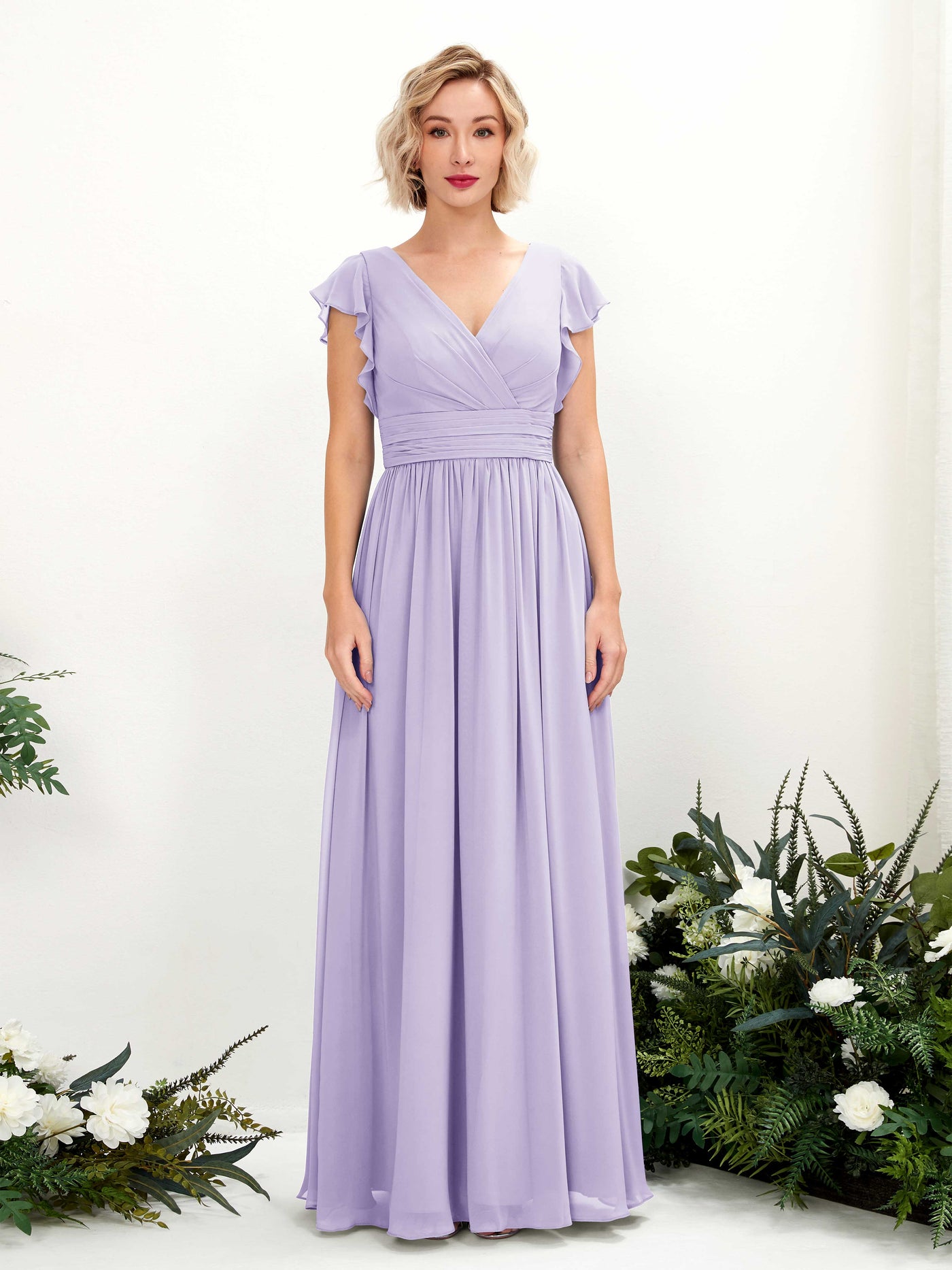 Carlyna Vestido Línea A Escote en V Manga con vuelo Hasta el suelo Dama de honor Lila #color_lila