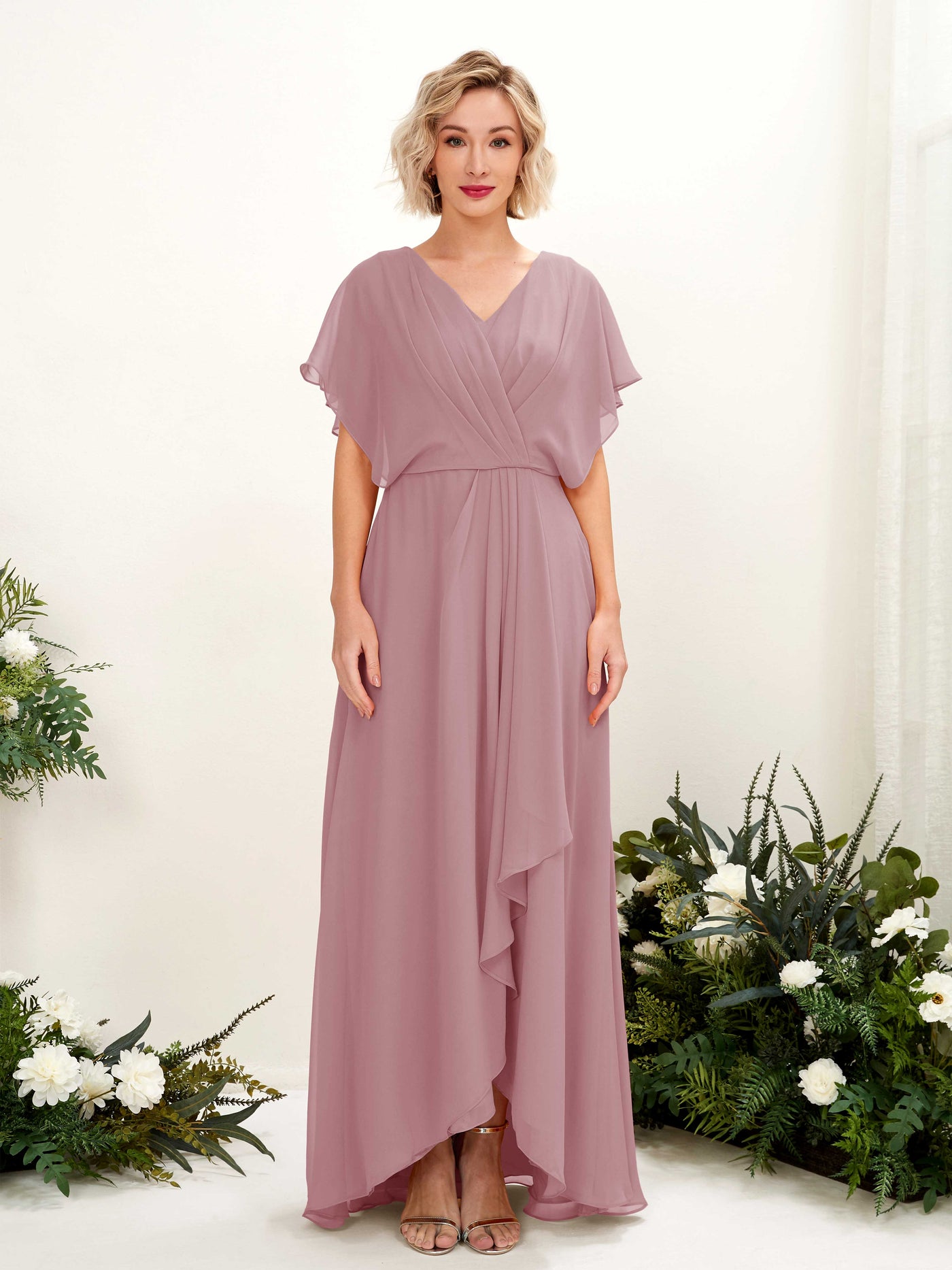 Carlyna Vestido Línea A Escote en V Manga con vuelo Hasta el suelo Dama de honor Malva Clásico #color_malva-cl-sico