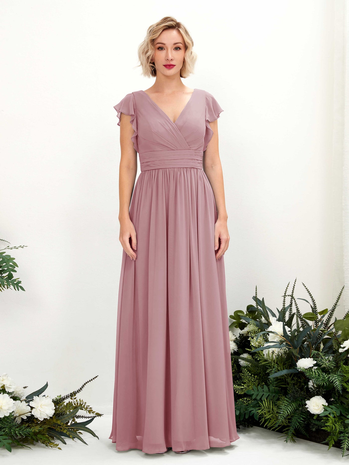 Carlyna Vestido Línea A Escote en V Manga con vuelo Hasta el suelo Dama de honor Malva Clásico #color_malva-cl-sico