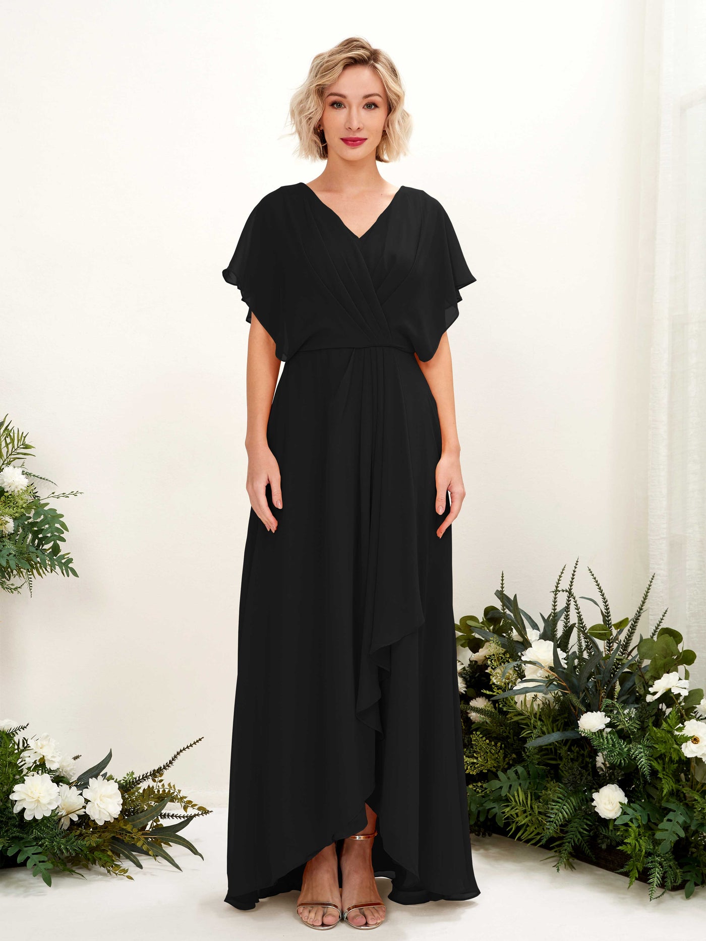 Carlyna Vestido Línea A Escote en V Manga con vuelo Hasta el suelo Dama de honor Negro #color_negro