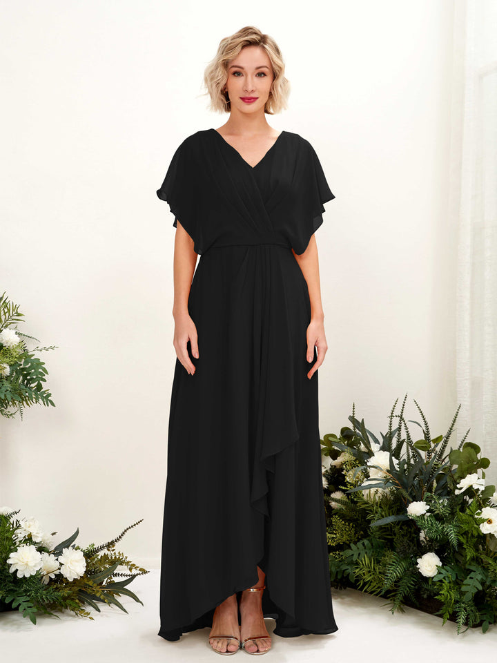 Carlyna Vestido Línea A Escote en V Manga con vuelo Hasta el suelo Dama de honor Negro 