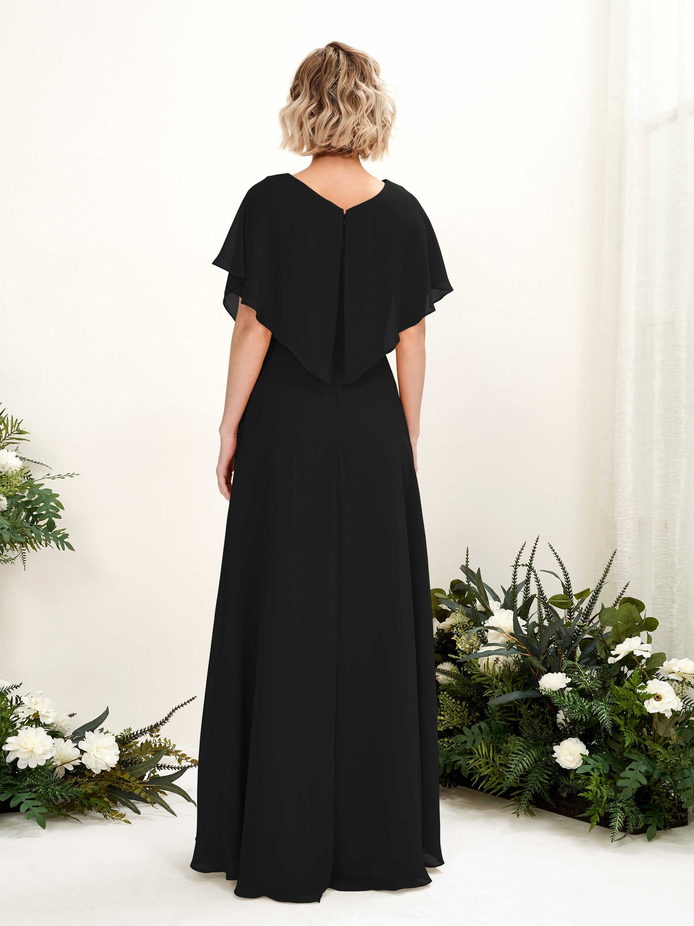 Carlyna Vestido Línea A Escote en V Manga con vuelo Hasta el suelo Dama de honor Negro #color_negro