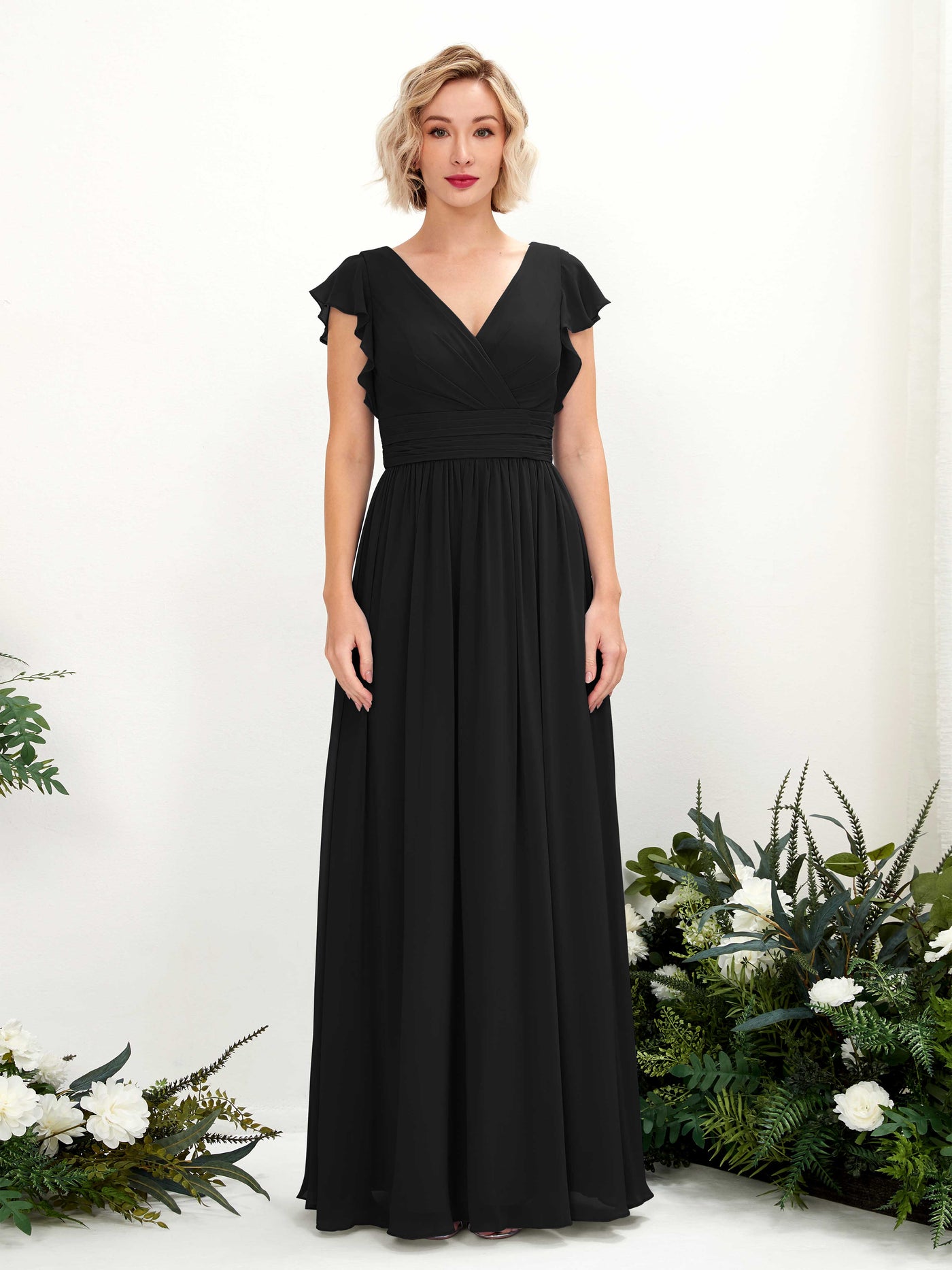 Carlyna Vestido Línea A Escote en V Manga con vuelo Hasta el suelo Dama de honor Negro #color_negro