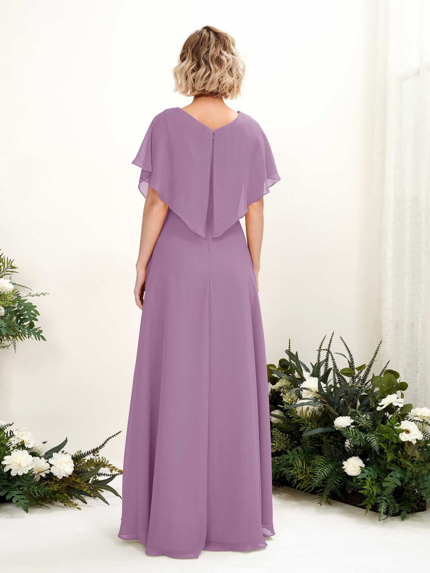 Carlyna Vestido Línea A Escote en V Manga con vuelo Hasta el suelo Dama de honor Niebla Orquídea #color_niebla-orqu-dea