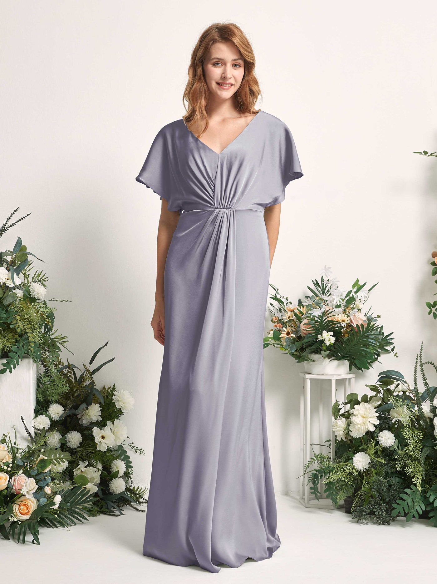 Carlyna Vestido línea A escote en V manga con vuelo hasta el suelo dama de honor Niebla Púrpura #color_niebla-p-rpura
