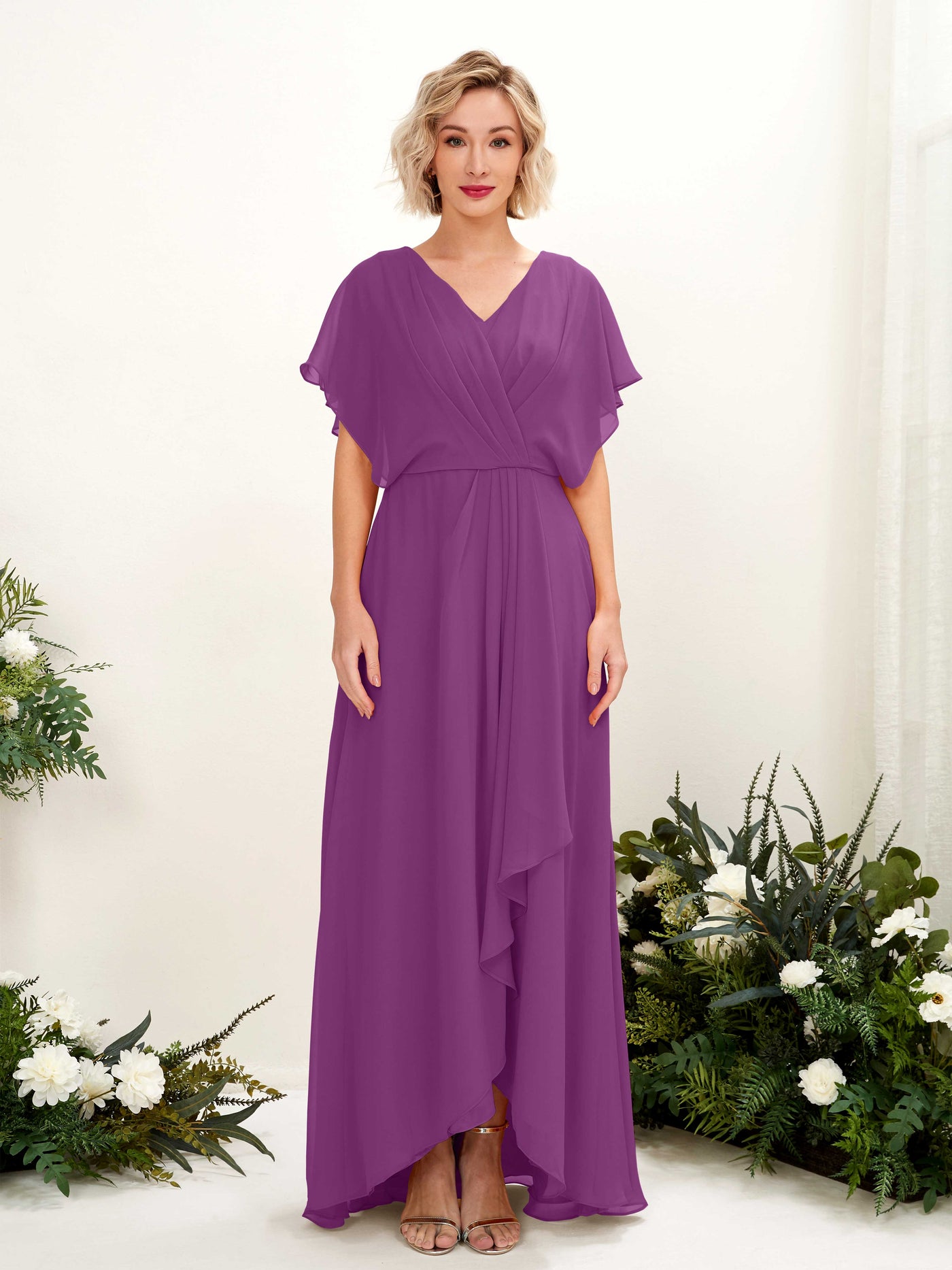 Carlyna Vestido Línea A Escote en V Manga con vuelo Hasta el suelo Dama de honor Púrpura #color_p-rpura