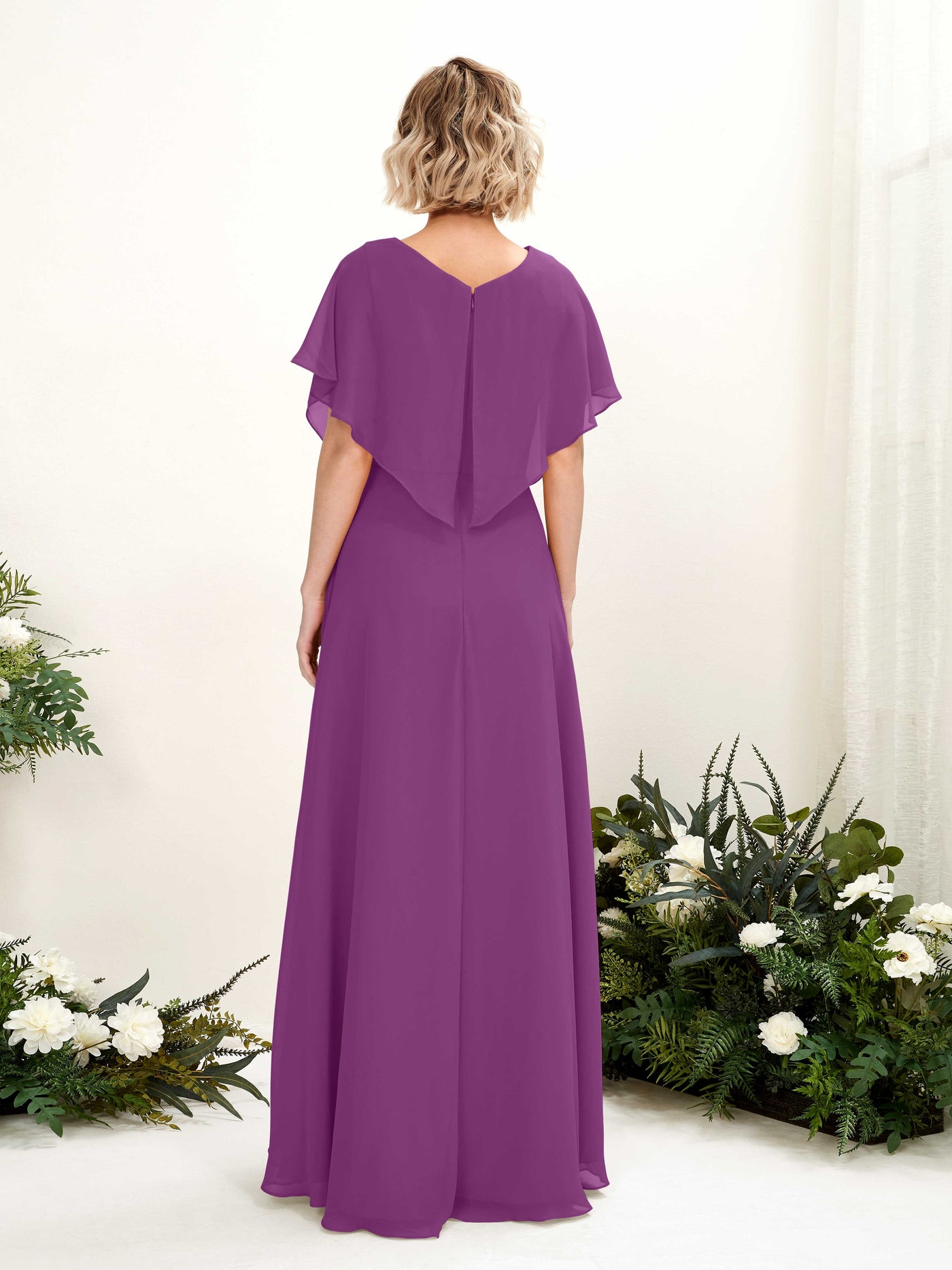 Carlyna Vestido Línea A Escote en V Manga con vuelo Hasta el suelo Dama de honor Púrpura #color_p-rpura