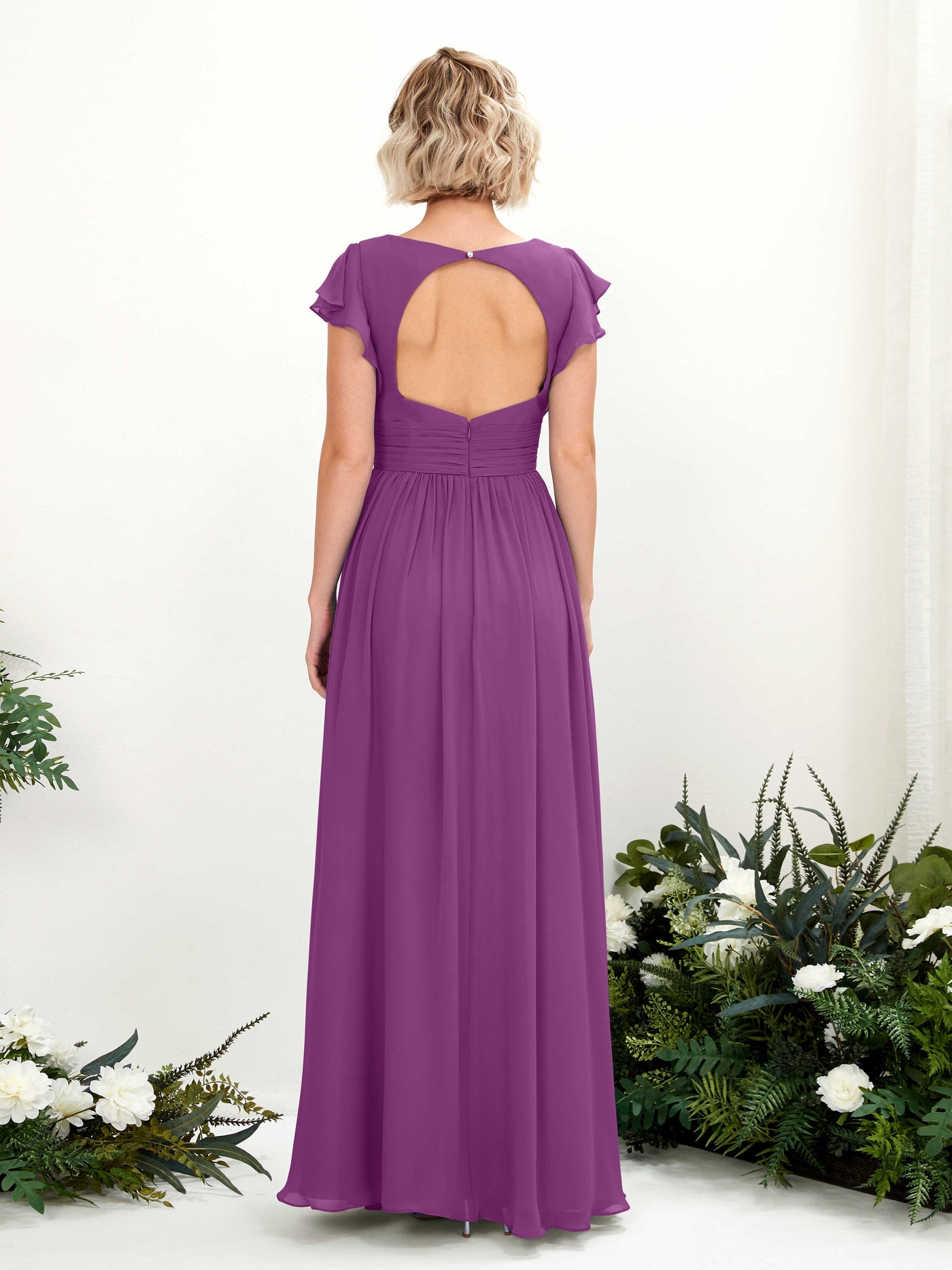 Carlyna Vestido Línea A Escote en V Manga con vuelo Hasta el suelo Dama de honor Púrpura #color_p-rpura