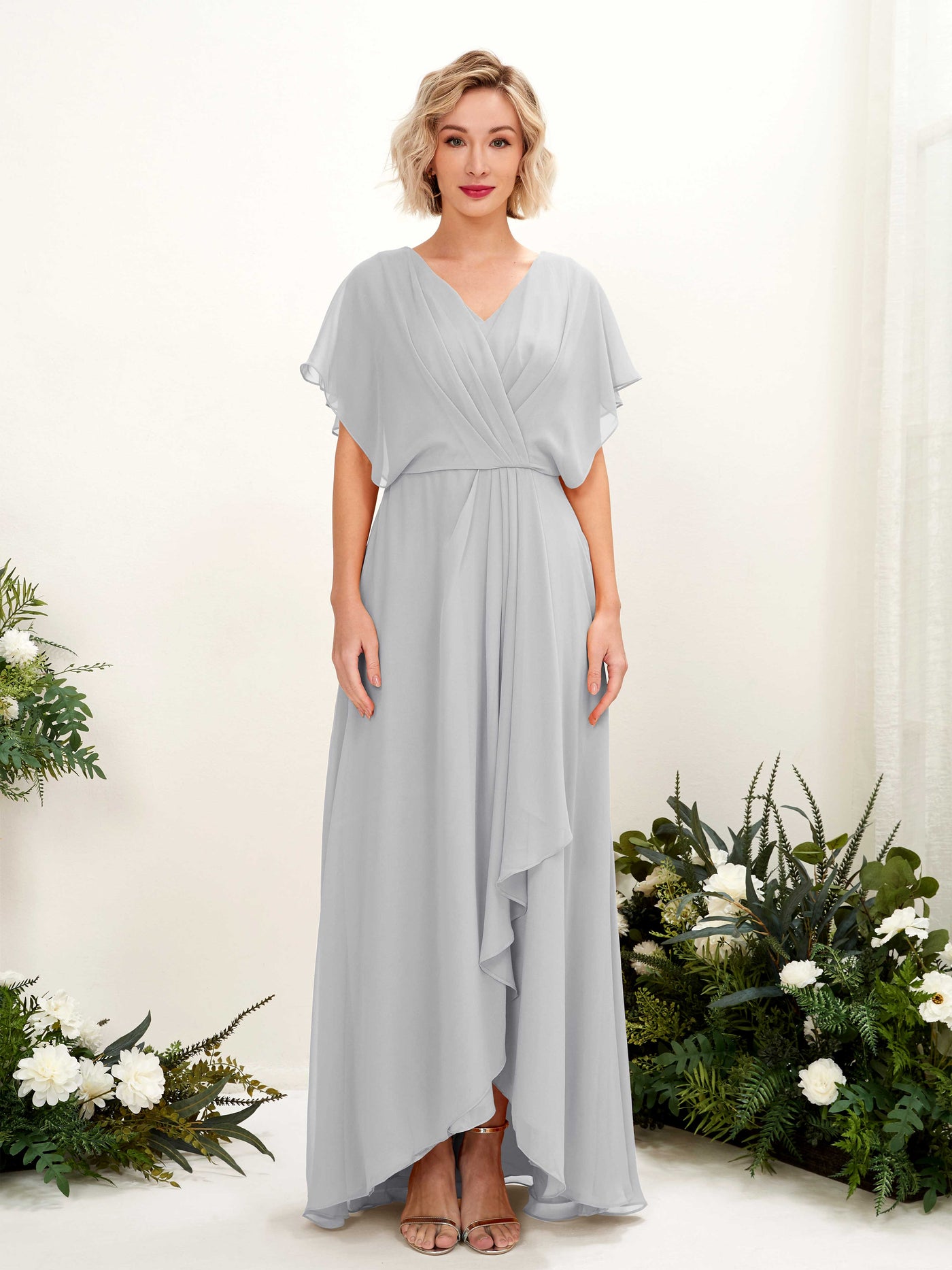 Carlyna Vestido Línea A Escote en V Manga con vuelo Hasta el suelo Dama de honor Plata #color_plata