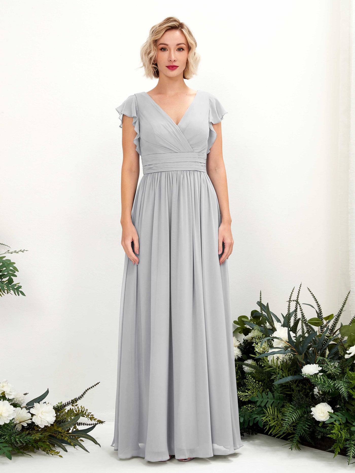 Carlyna Vestido Línea A Escote en V Manga con vuelo Hasta el suelo Dama de honor Plata #color_plata
