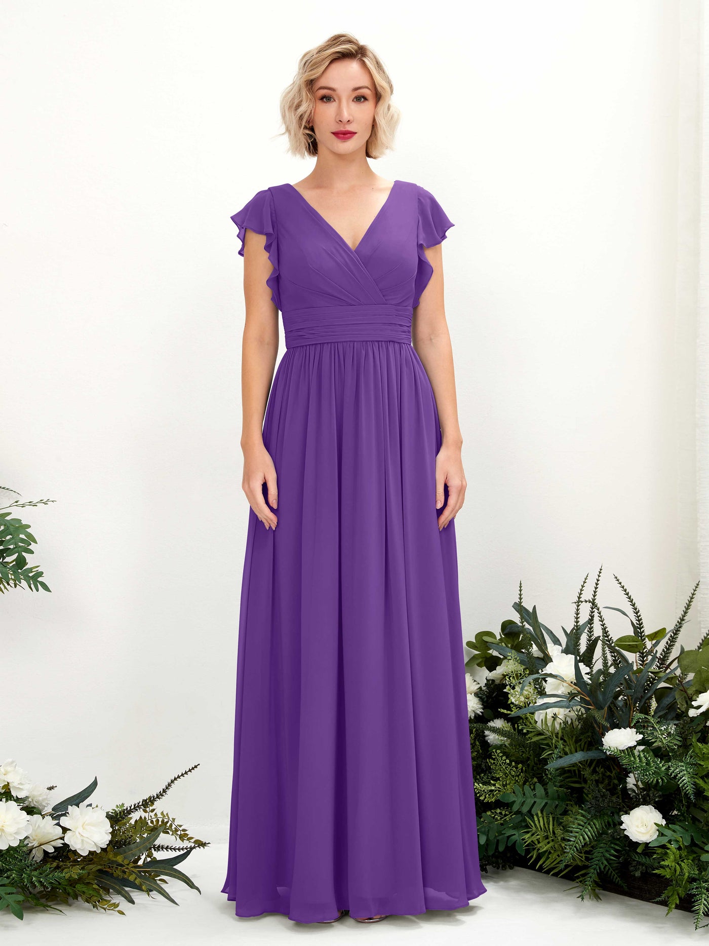 Carlyna Vestido Línea A Escote en V Manga con vuelo Hasta el suelo Dama de honor Regencia #color_regencia