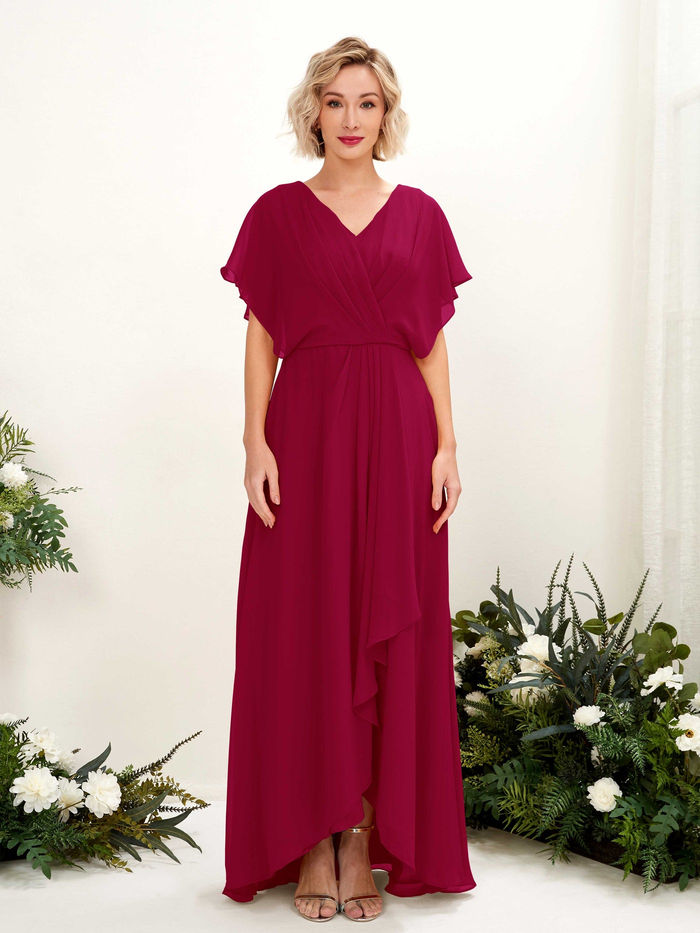 Carlyna Vestido Línea A Escote en V Manga con vuelo Hasta el suelo Dama de honor Rojo Bufón #color_rojo-buf-n