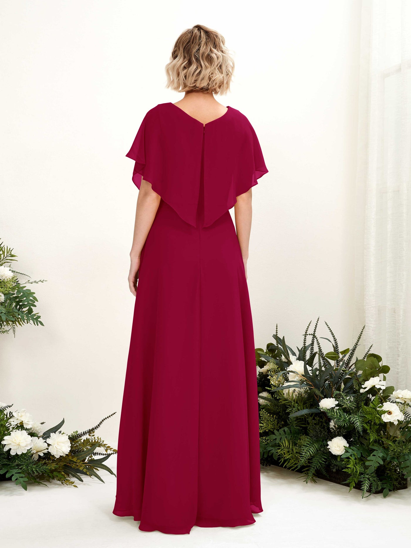 Carlyna Vestido Línea A Escote en V Manga con vuelo Hasta el suelo Dama de honor Rojo Bufón #color_rojo-buf-n
