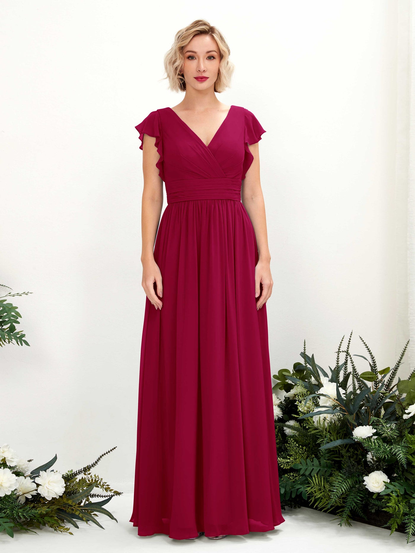 Carlyna Vestido Línea A Escote en V Manga con vuelo Hasta el suelo Dama de honor Rojo Bufón #color_rojo-buf-n
