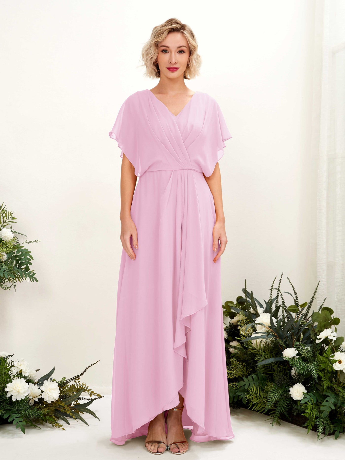 Carlyna Vestido Línea A Escote en V Manga con vuelo Hasta el suelo Dama de honor Rosa Caramelo #color_rosa-caramelo