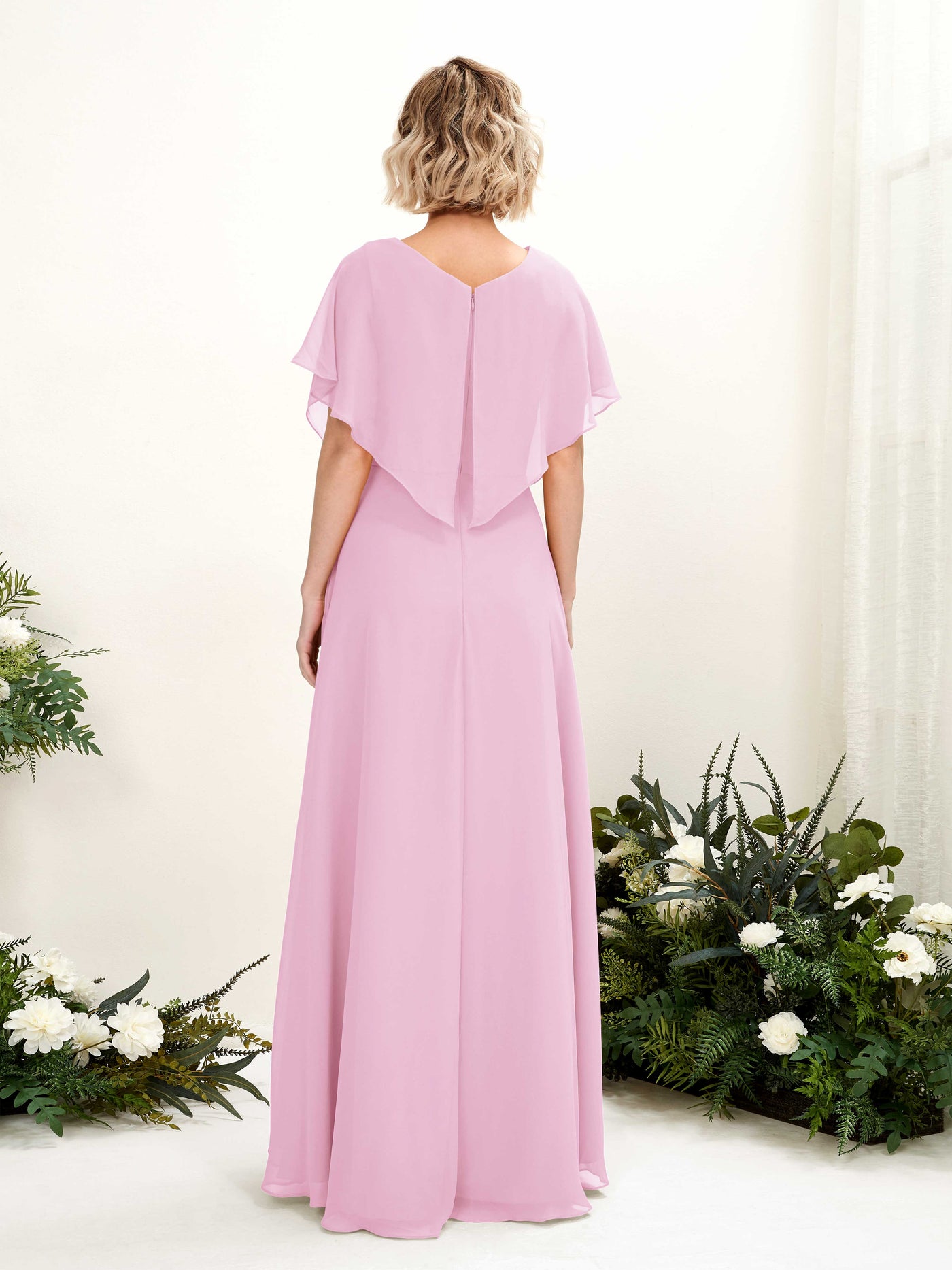 Carlyna Vestido Línea A Escote en V Manga con vuelo Hasta el suelo Dama de honor Rosa Caramelo #color_rosa-caramelo