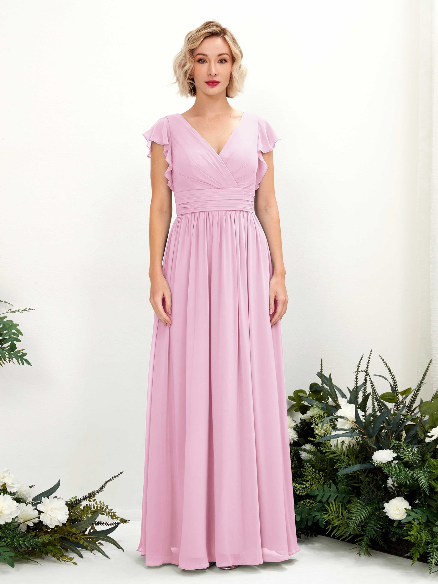 Carlyna Vestido Línea A Escote en V Manga con vuelo Hasta el suelo Dama de honor Rosa Caramelo #color_rosa-caramelo