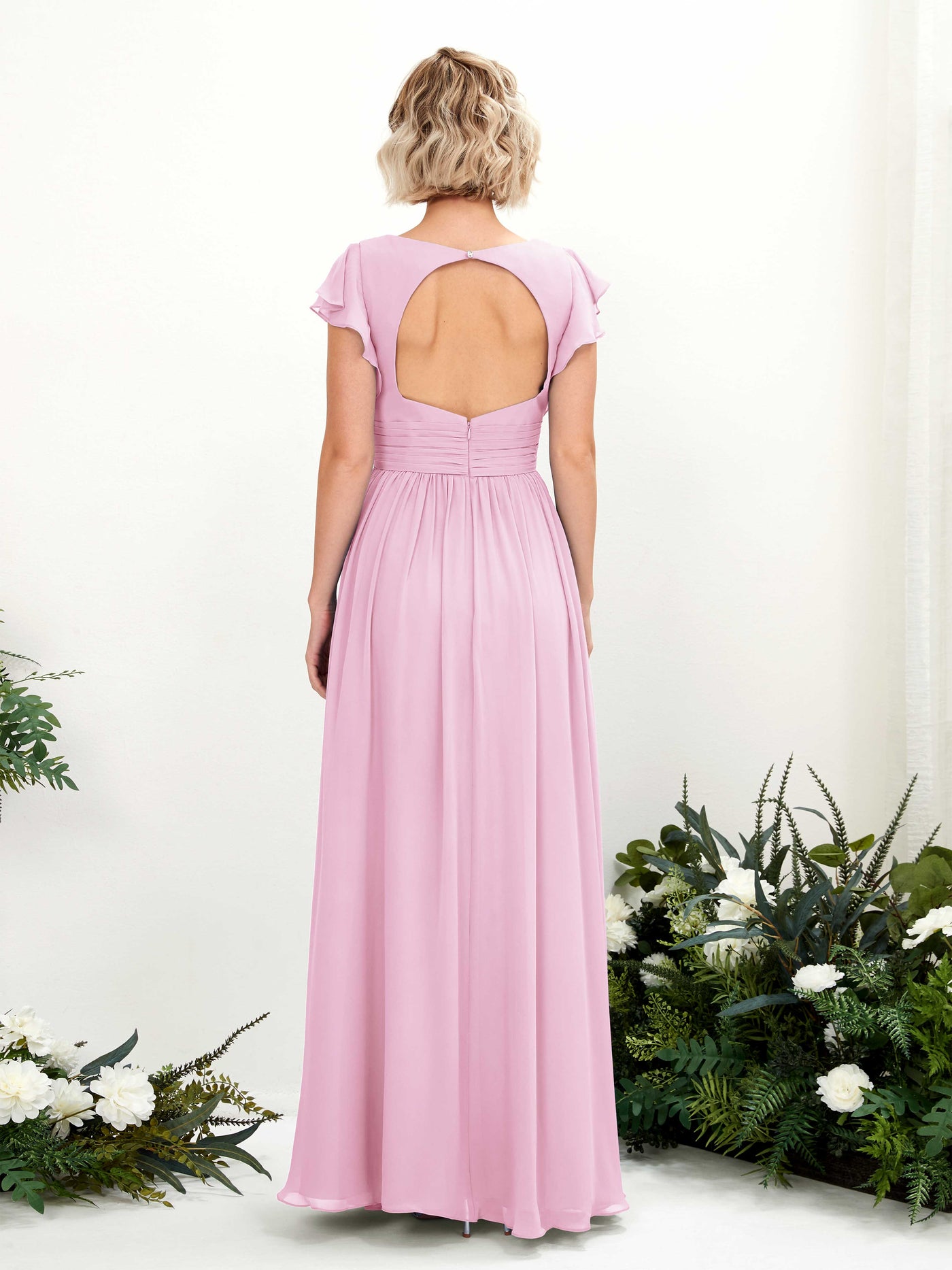 Carlyna Vestido Línea A Escote en V Manga con vuelo Hasta el suelo Dama de honor Rosa Caramelo #color_rosa-caramelo