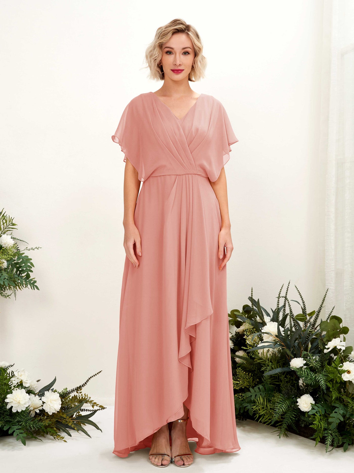 Carlyna Vestido Línea A Escote en V Manga con vuelo Hasta el suelo Dama de honor Rosa Champán #color_rosa-champ-n