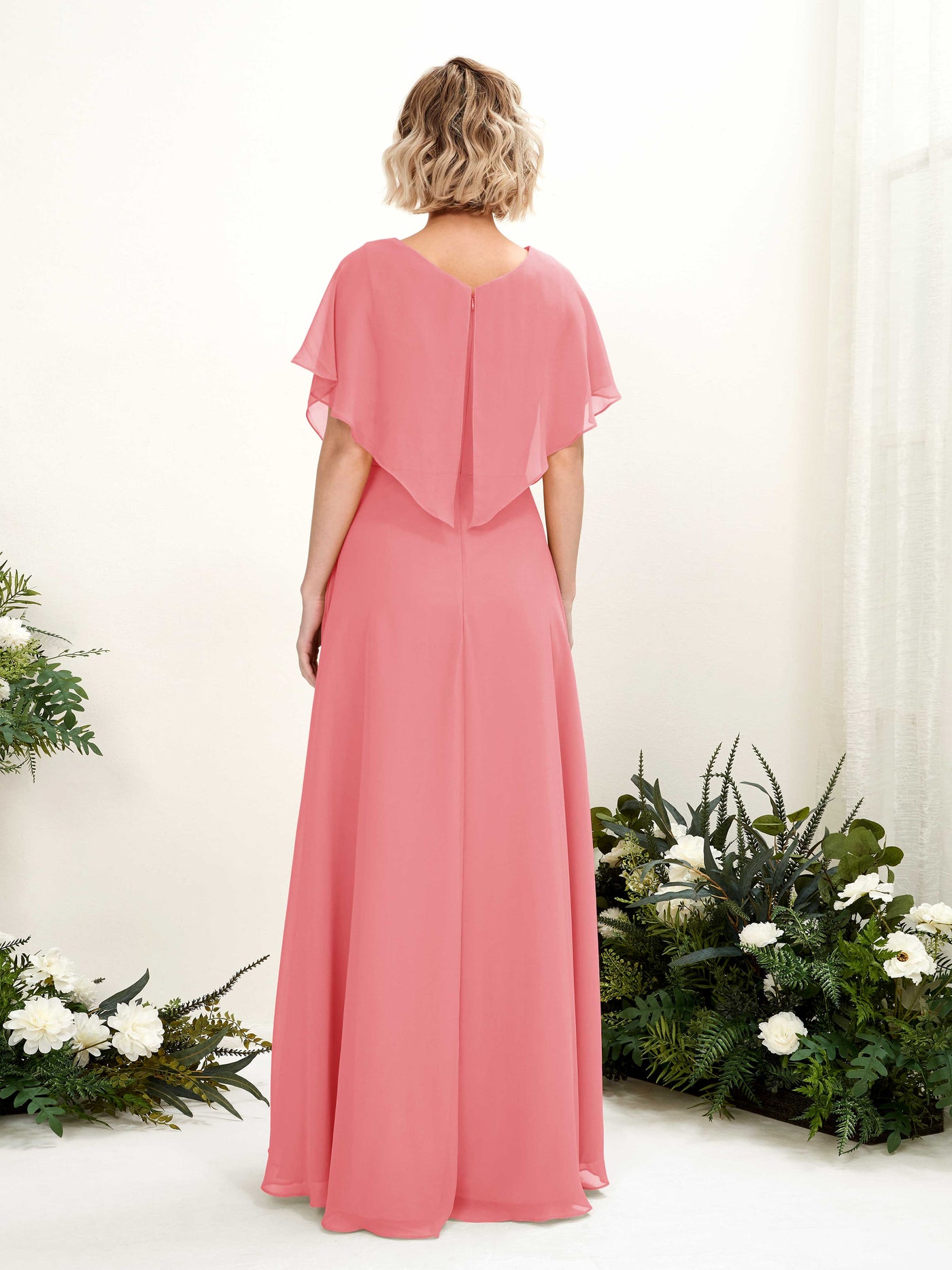 Carlyna Vestido Línea A Escote en V Manga con vuelo Hasta el suelo Dama de honor Rosa Coral #color_rosa-coral
