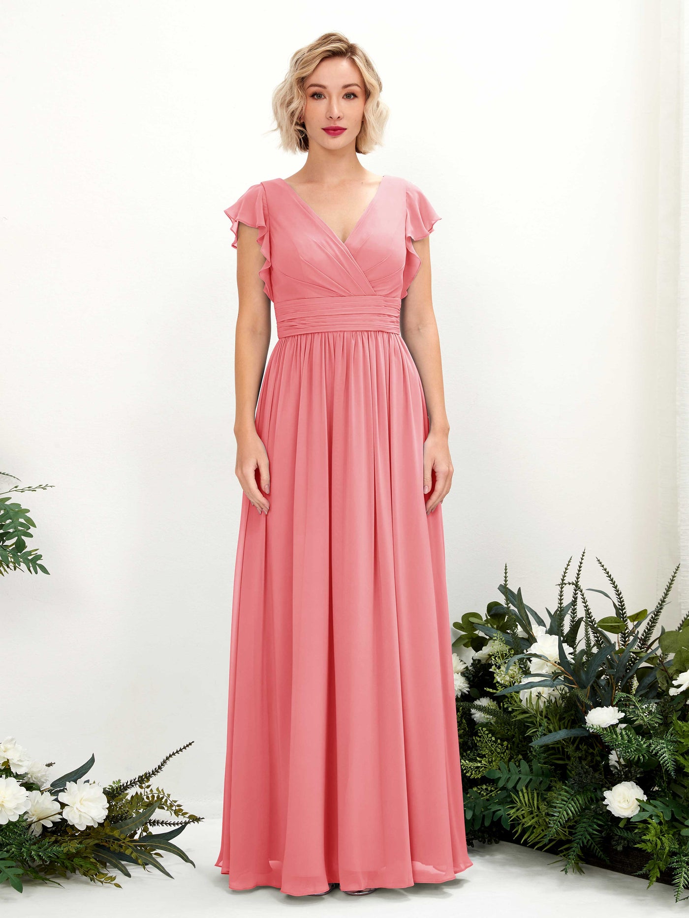 Carlyna Vestido Línea A Escote en V Manga con vuelo Hasta el suelo Dama de honor Rosa Coral #color_rosa-coral