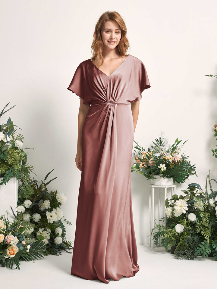 Carlyna Vestido línea A escote en V manga con vuelo hasta el suelo dama de honor Rosa Del Desierto 