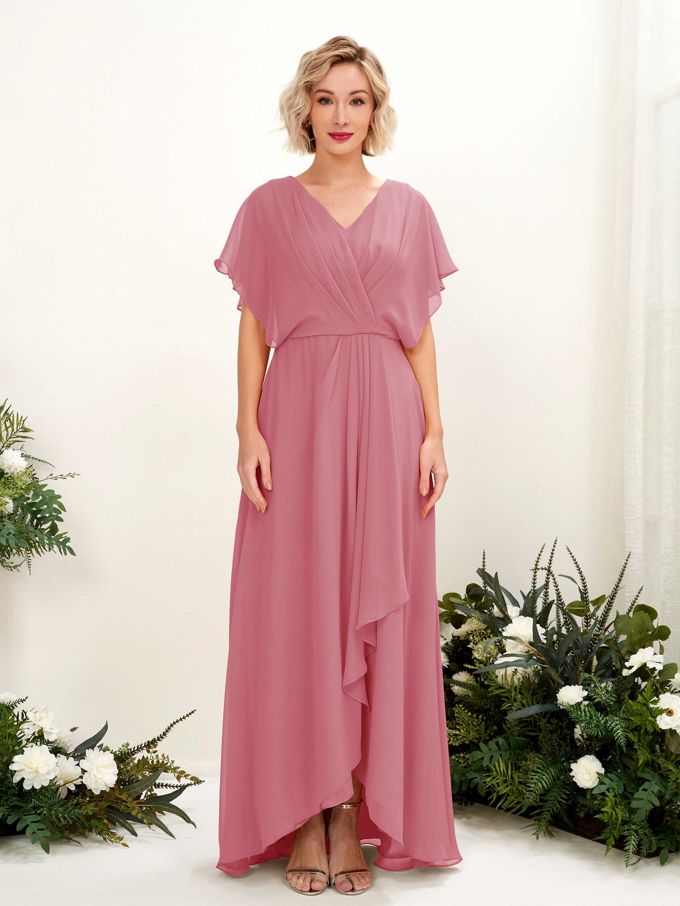 Carlyna Vestido Línea A Escote en V Manga con vuelo Hasta el suelo Dama de honor Rosa Del Desierto #color_rosa-del-desierto